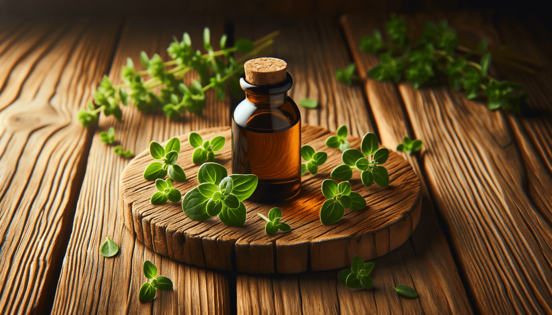 Oregano oil next to fresh oregano leaves.