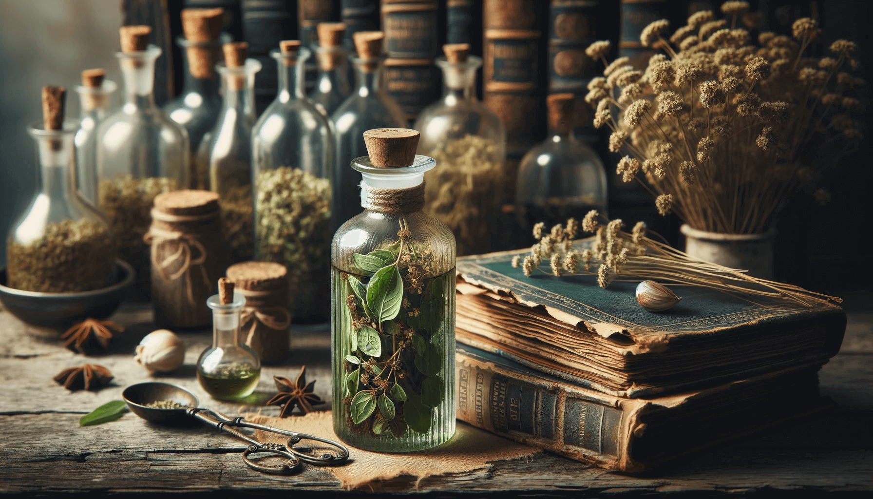 Oregano oil and old books about herbal medicine in the background