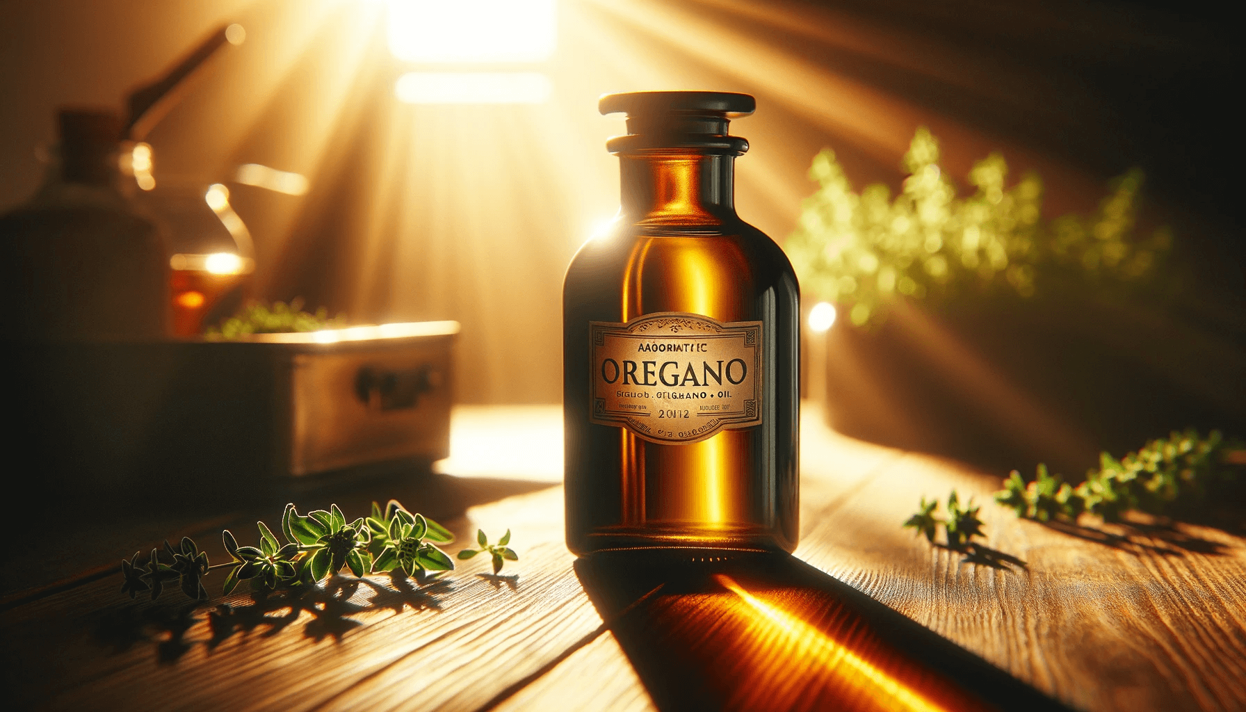 Oregano oil bottle bathed in warm golden sunlight.