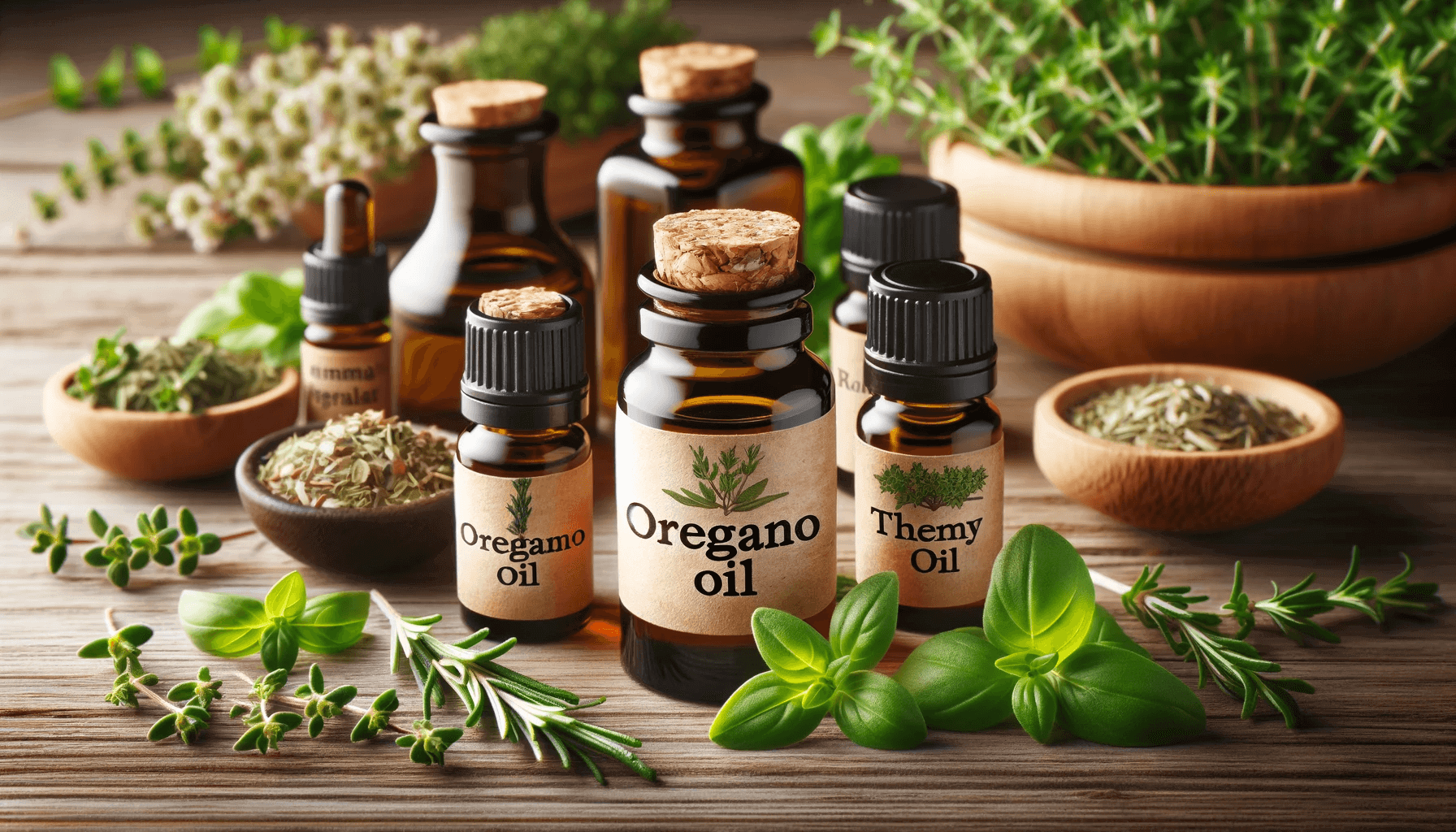 Oregano oil bottle in the center