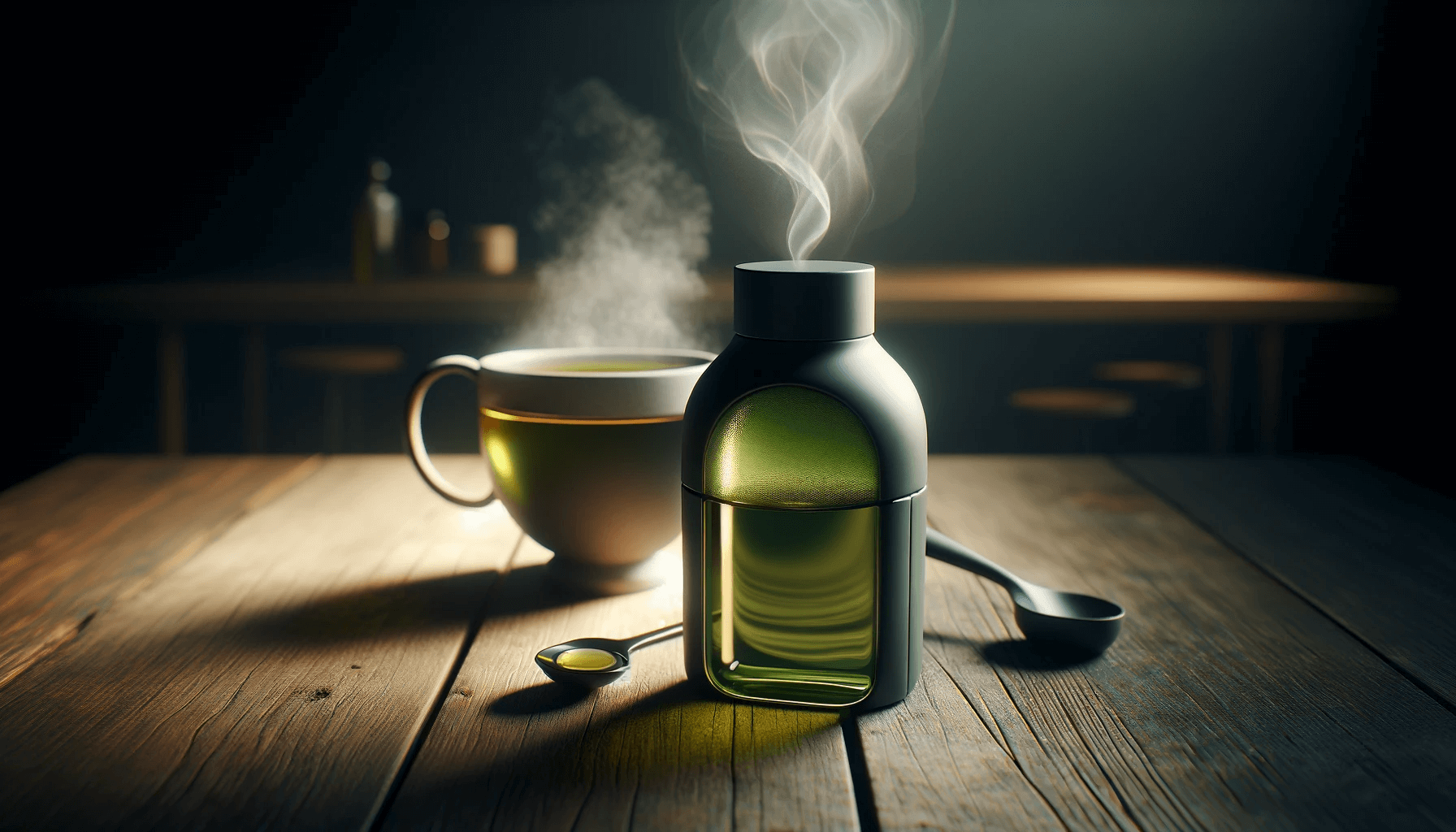 Oregano oil bottle placed next to a steaming cup of herbal tea.