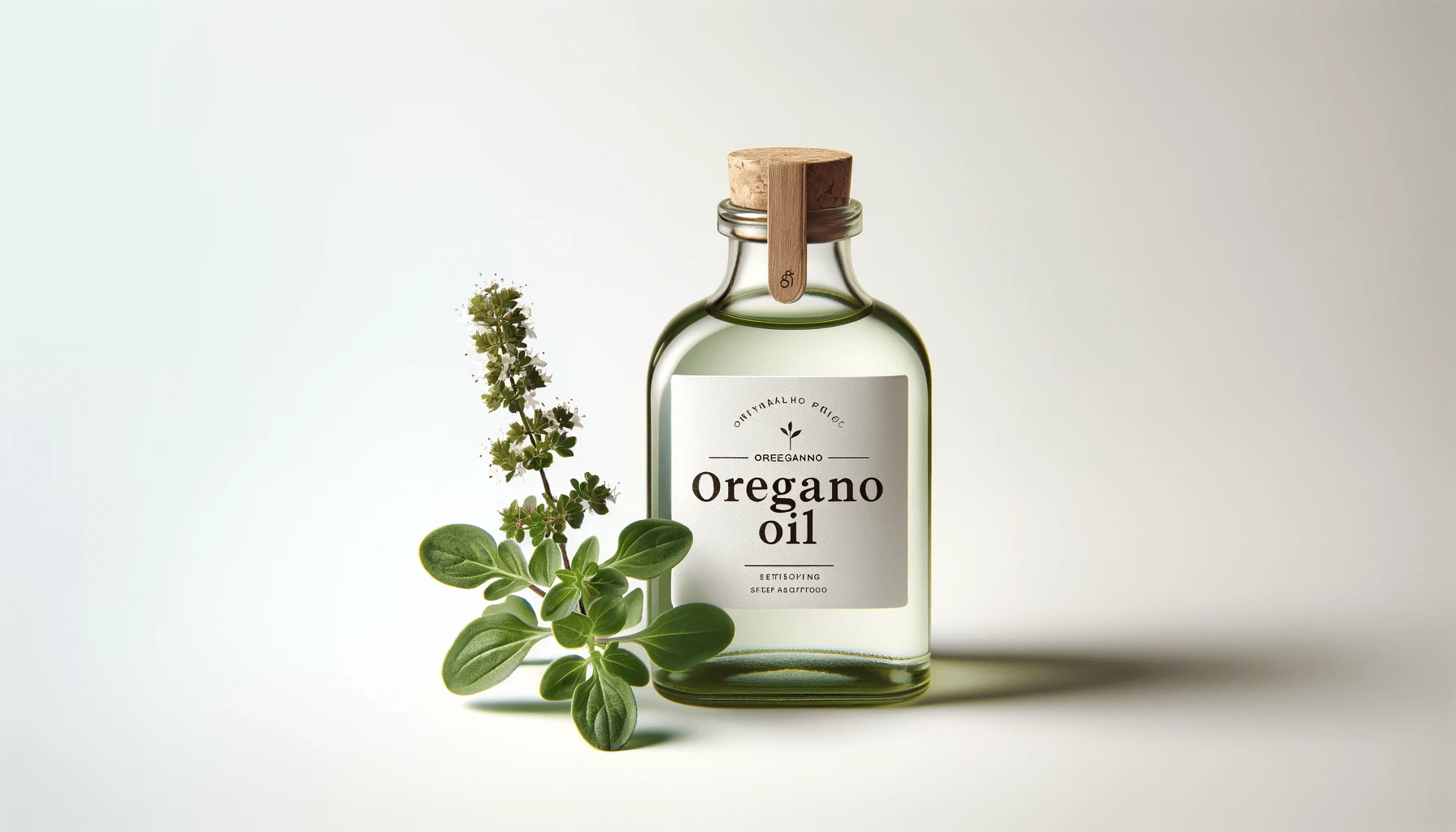 Oregano oil bottle with a sprig of oregano tucked behind it, blending modern design with natural elements.