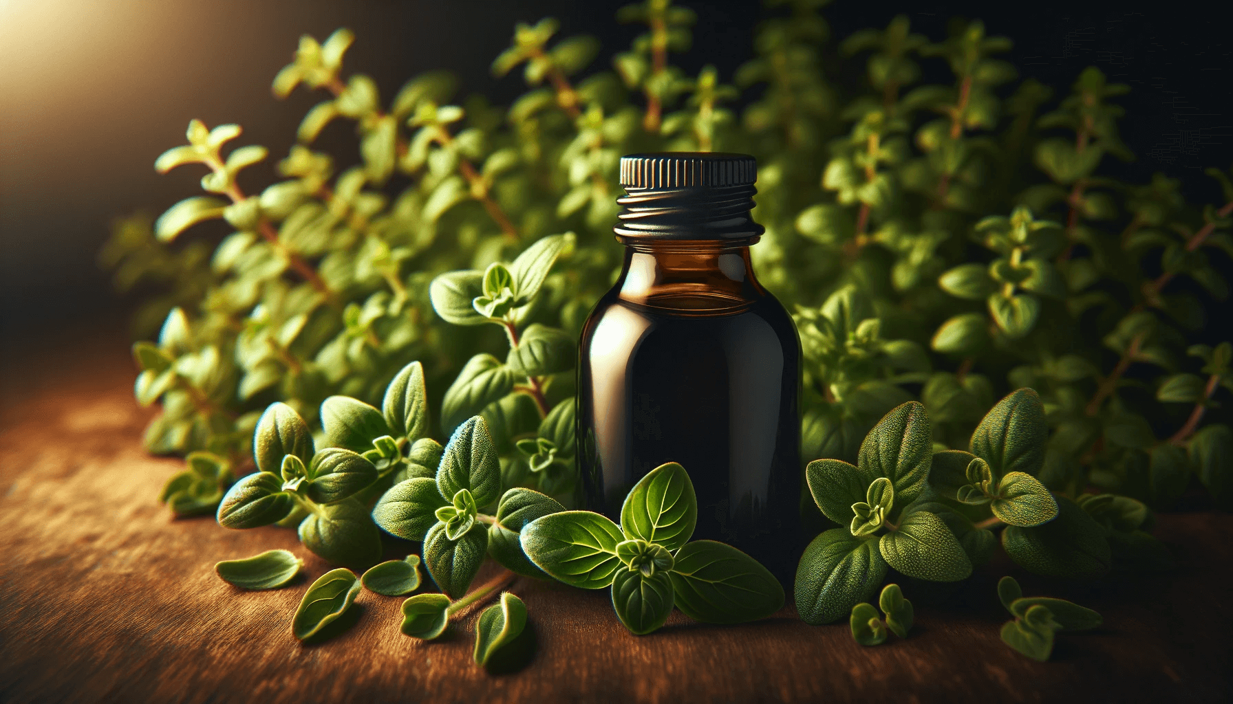 Oregano oil for toenail fungus bottle surrounded by aromatic oregano leaves.