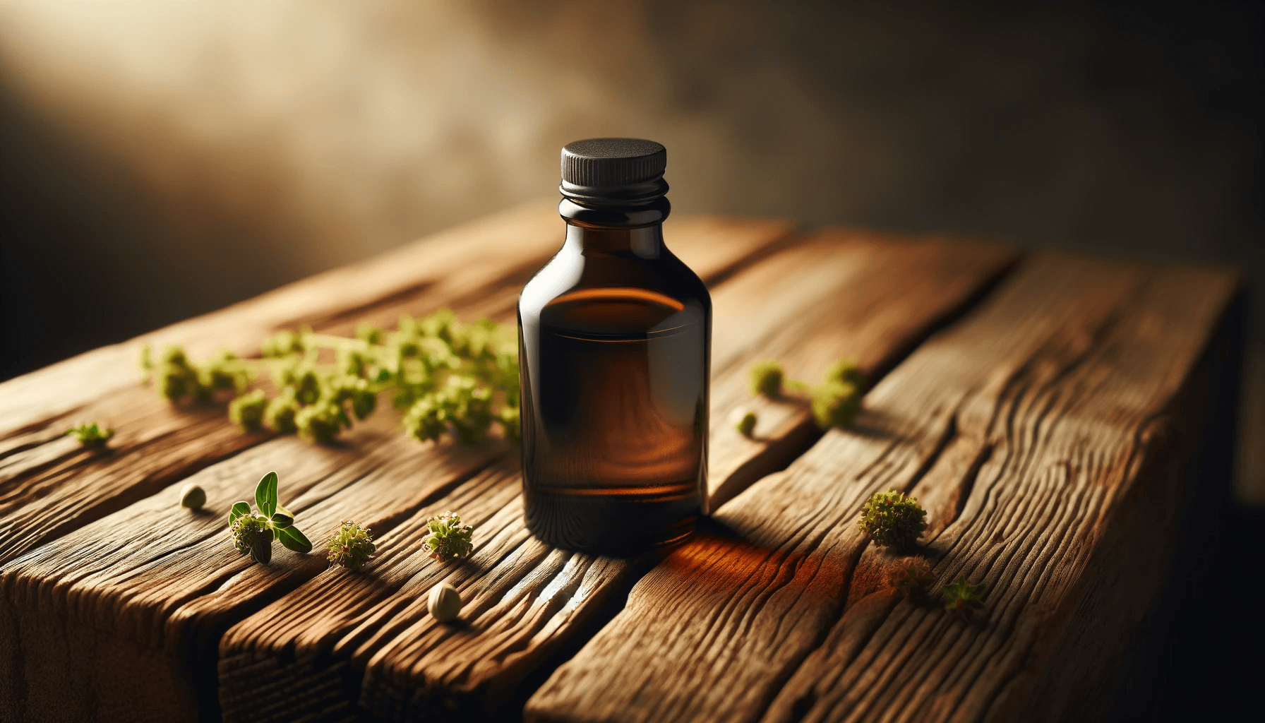 Oregano oil for toenail fungus resting on a rustic wooden surface.