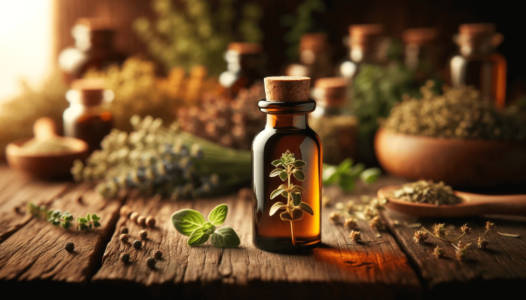 Oregano oil framed against a backdrop of rustic herbs.