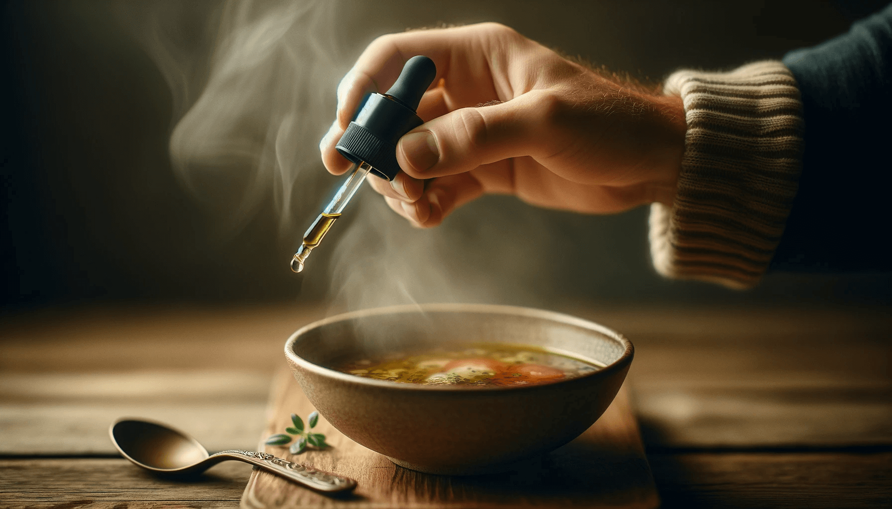 Oregano oil dropping from a dropper onto a steaming bowl of aromatic soup.