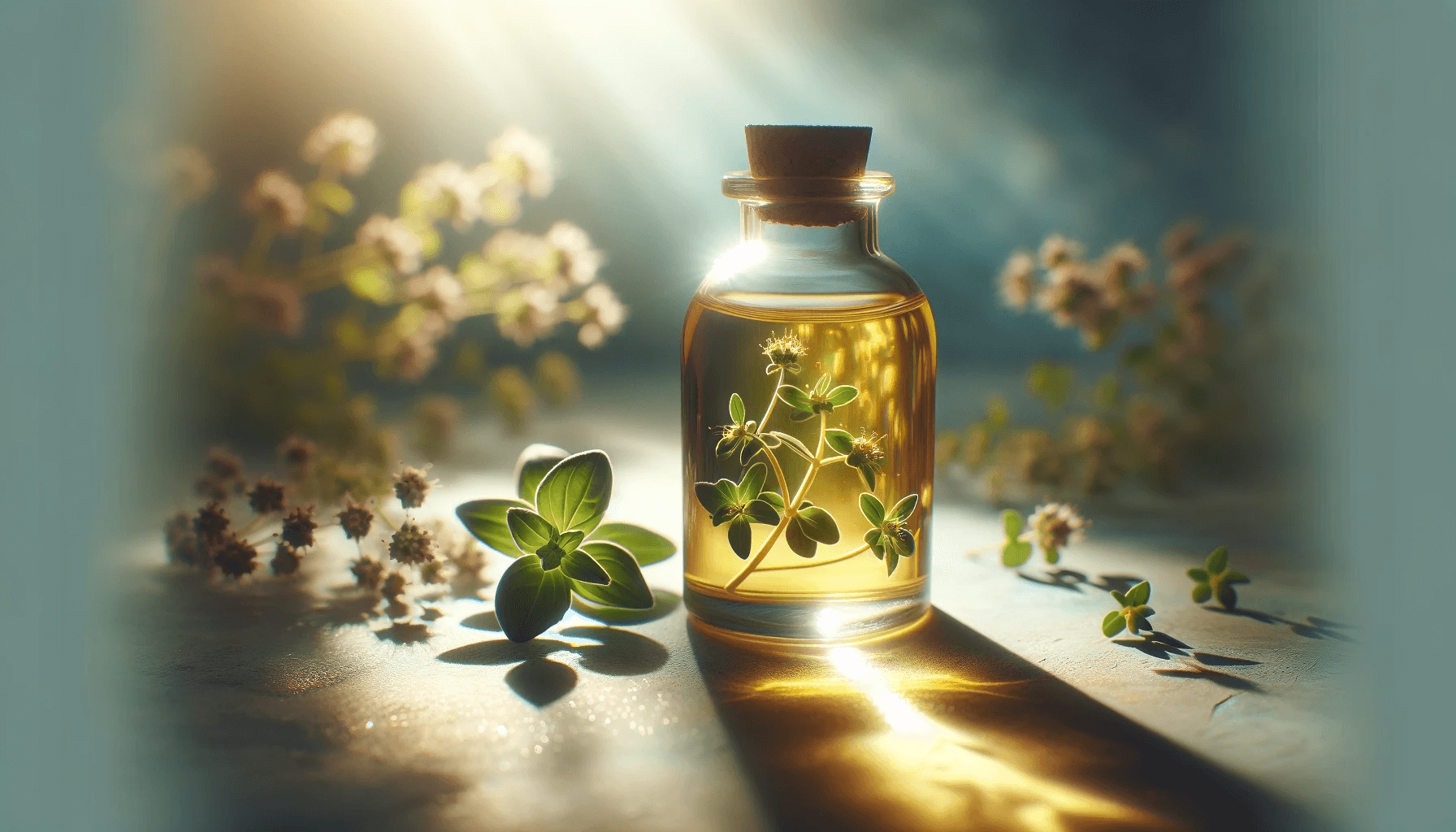 Oregano oil illuminated by the soft glow of natural light.