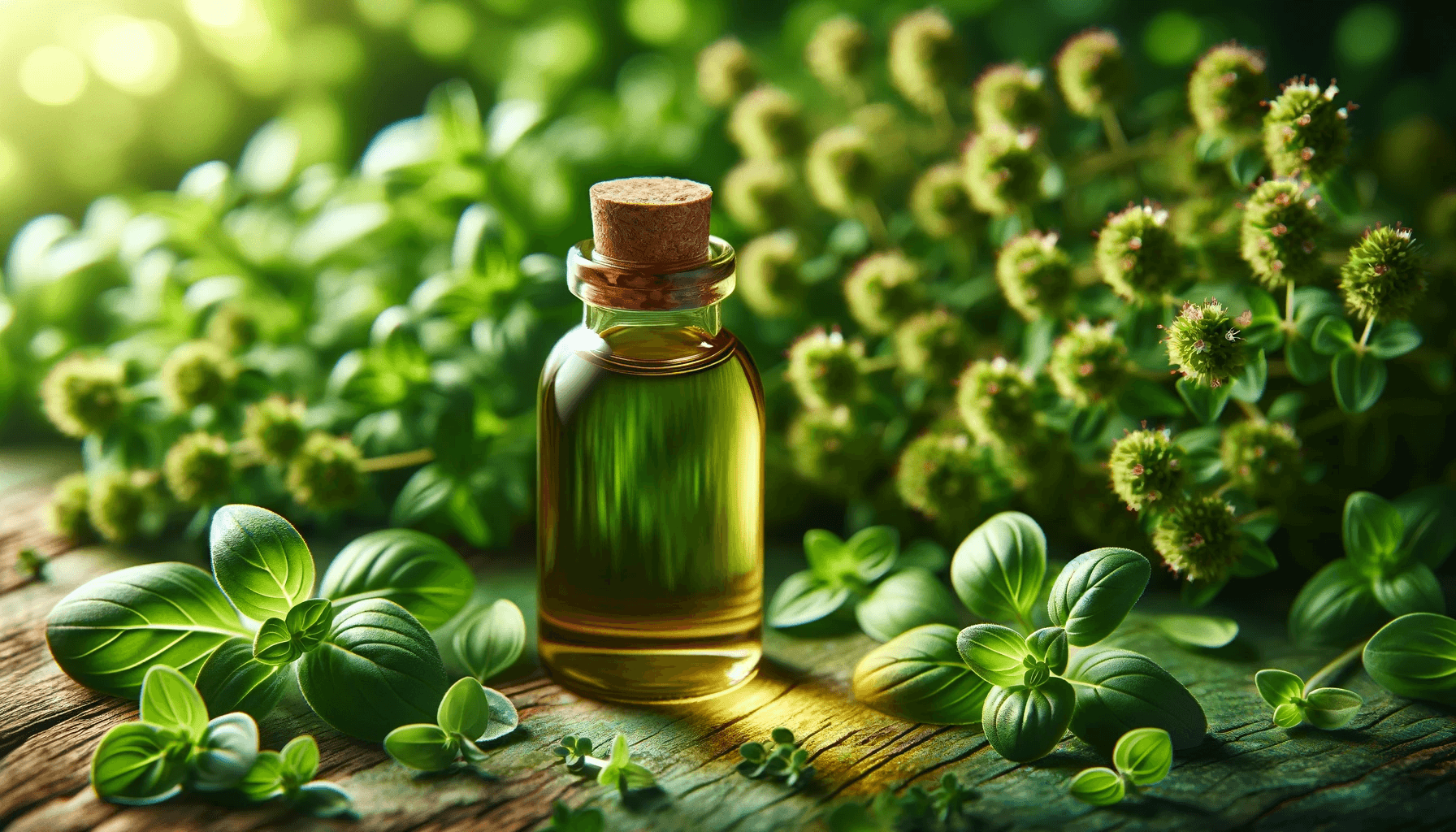 Oregano oil bottle in the foreground blending nature and health, emphasizing the synergy of natural ingredients in wellness products.