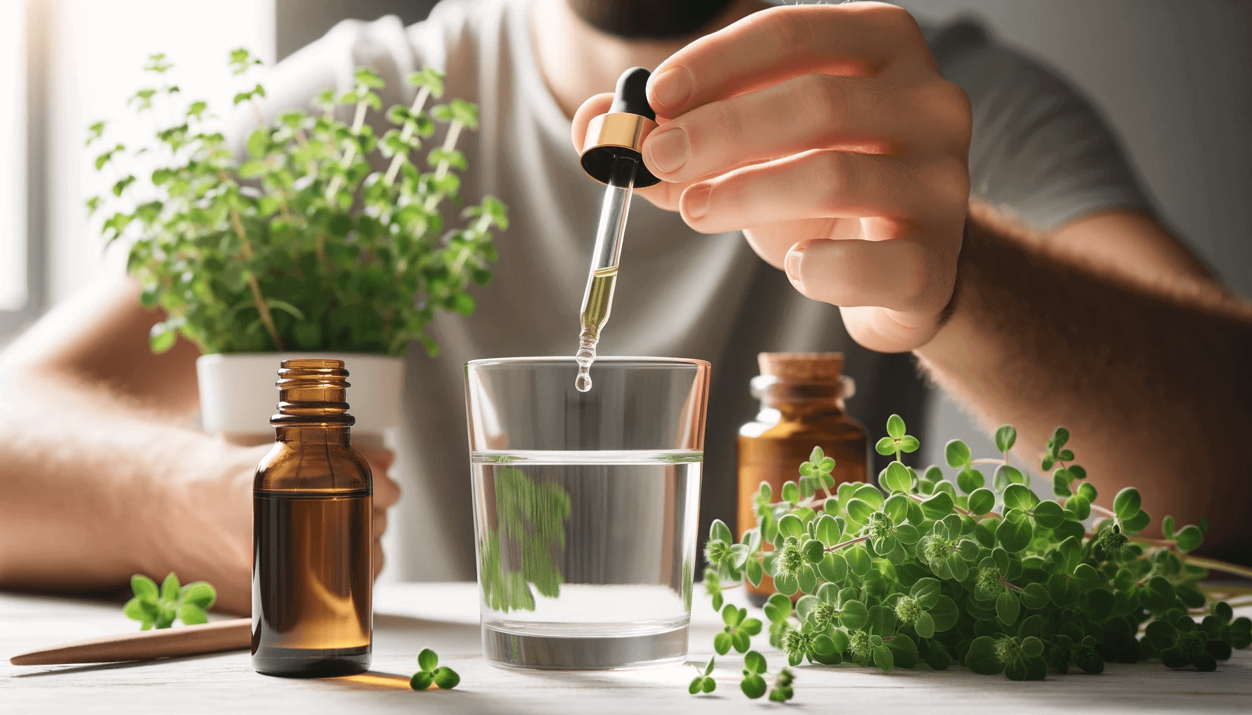 Oregano oil being dripped into a glass of water
