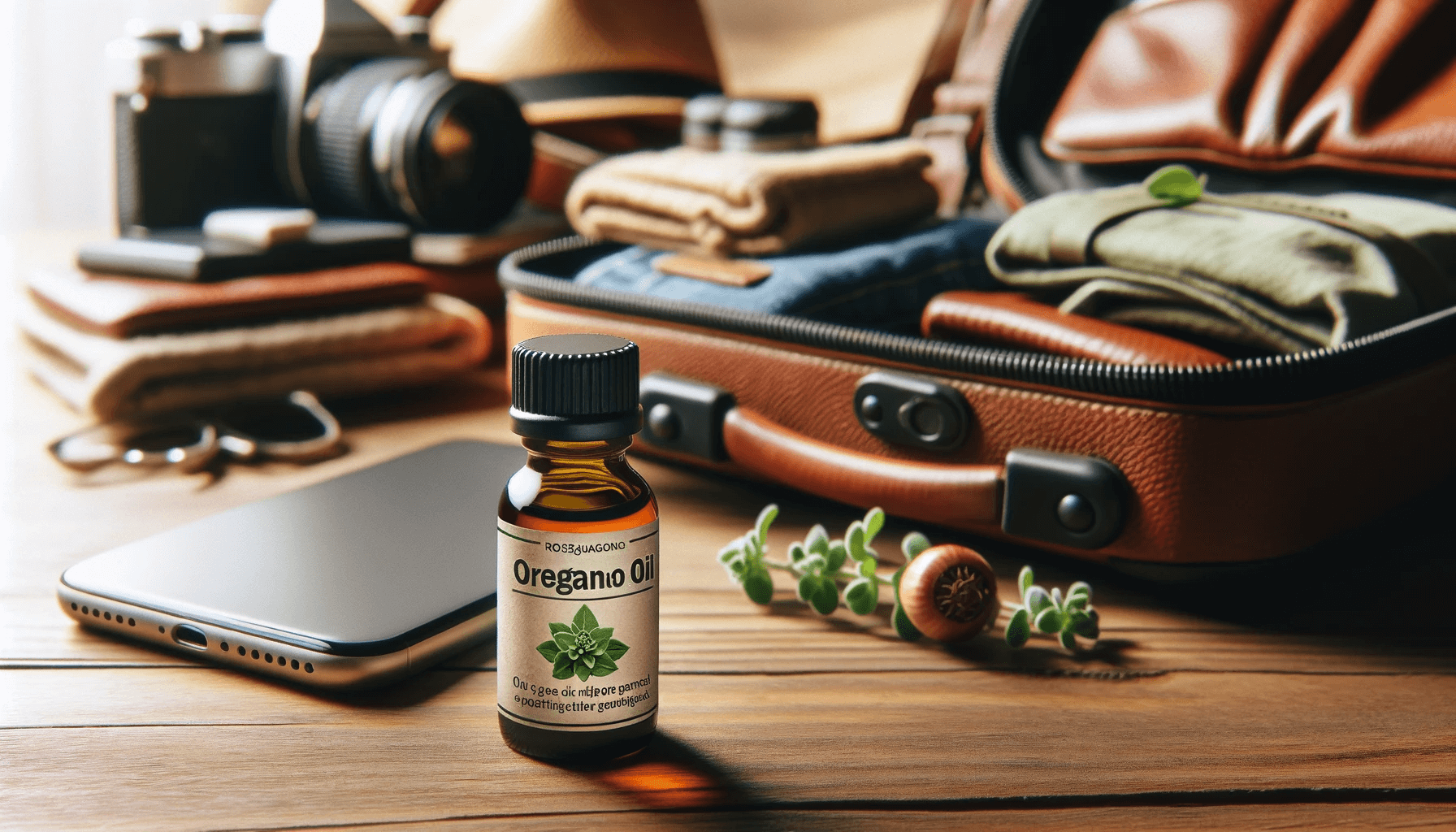 Oregano oil bottle with a focus on being perfect for on-the-go wellness needs, providing convenience and health benefits.