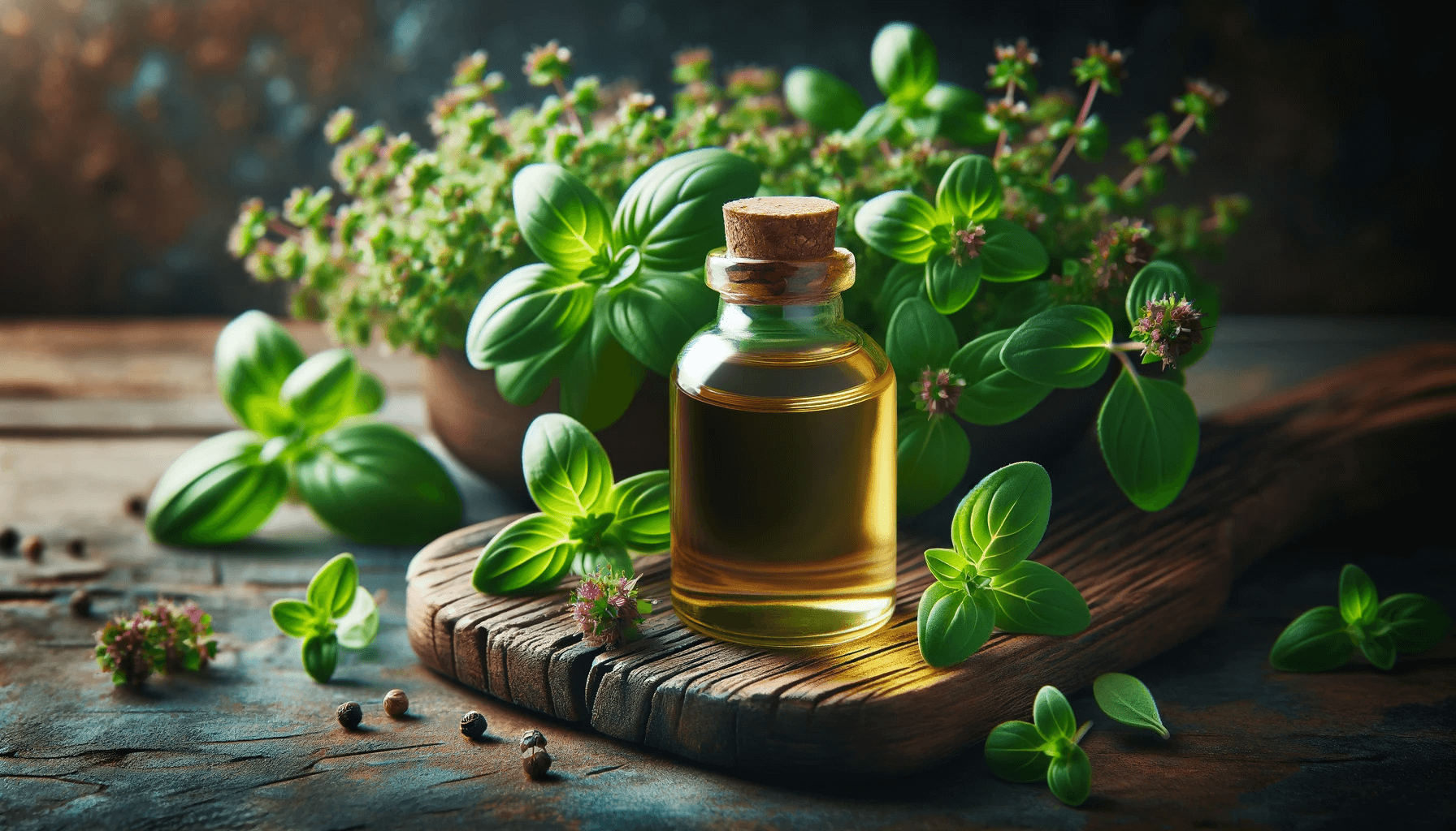 Oregano oil bottle resting against a backdrop of fresh oregano leaves.