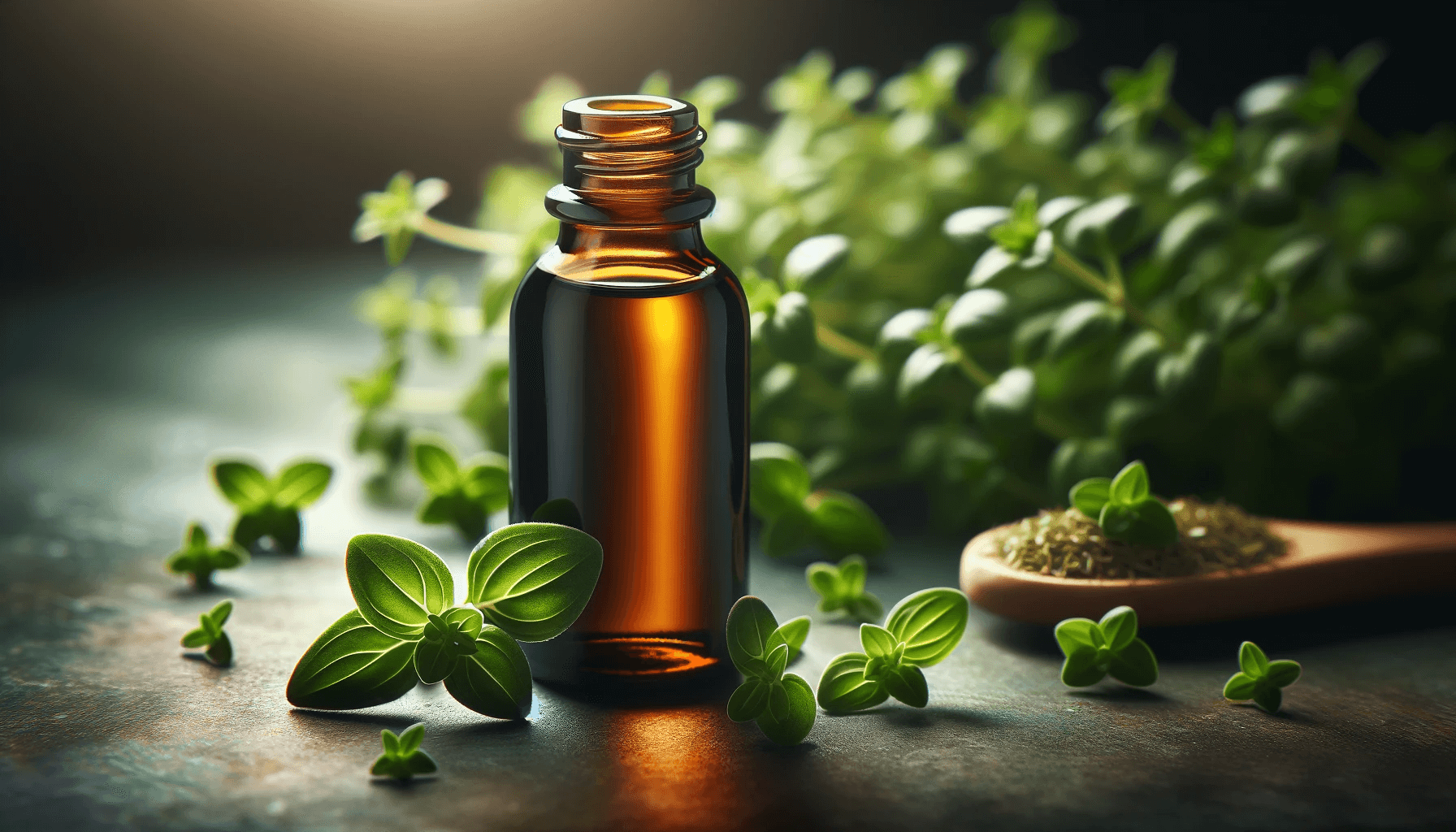 Oregano oil bottle set against a backdrop of fresh oregano leaves, highlighting the natural origin of the oil.