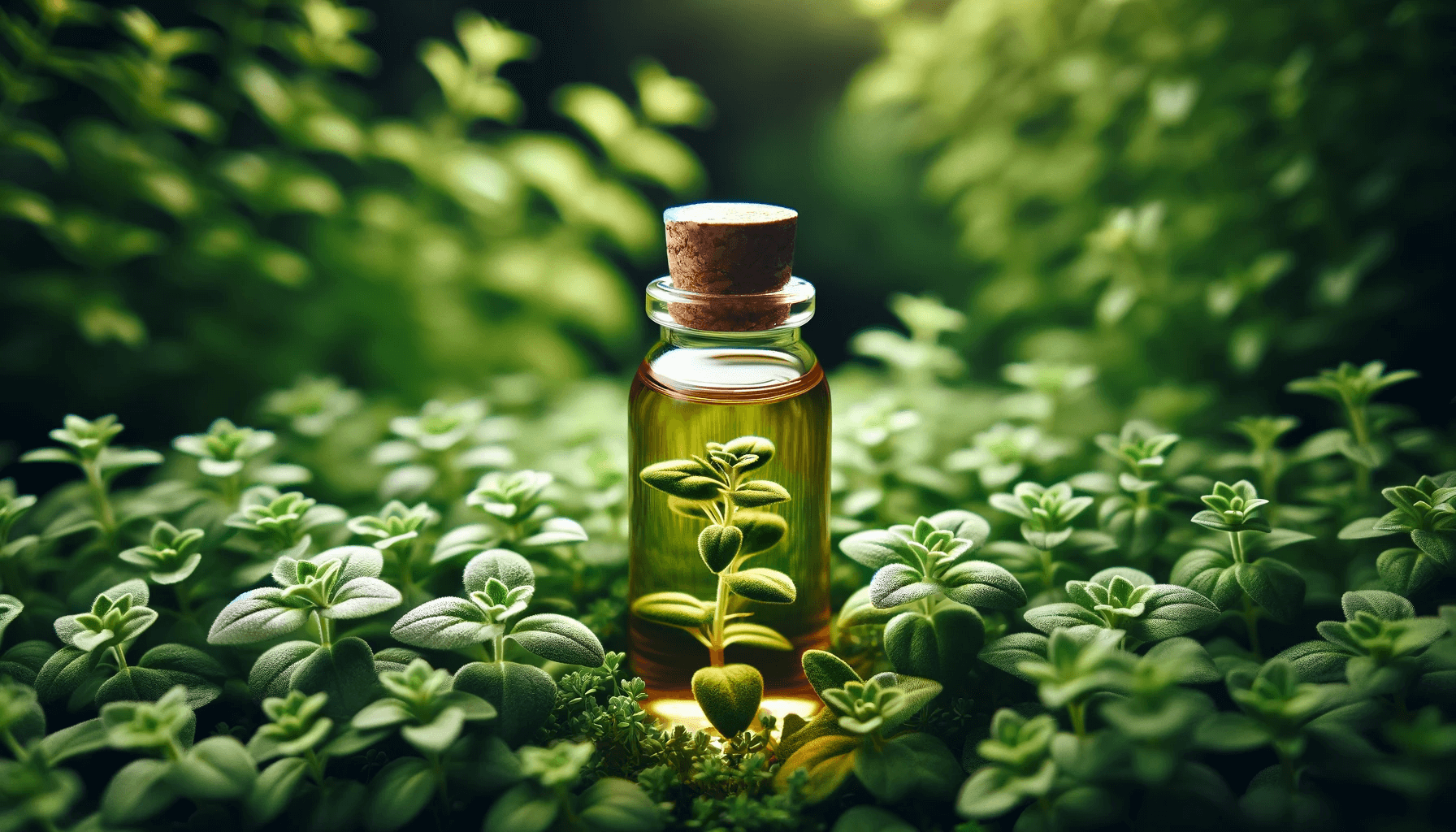 Oregano oil standing tall amidst a lush garden of oregano plants.