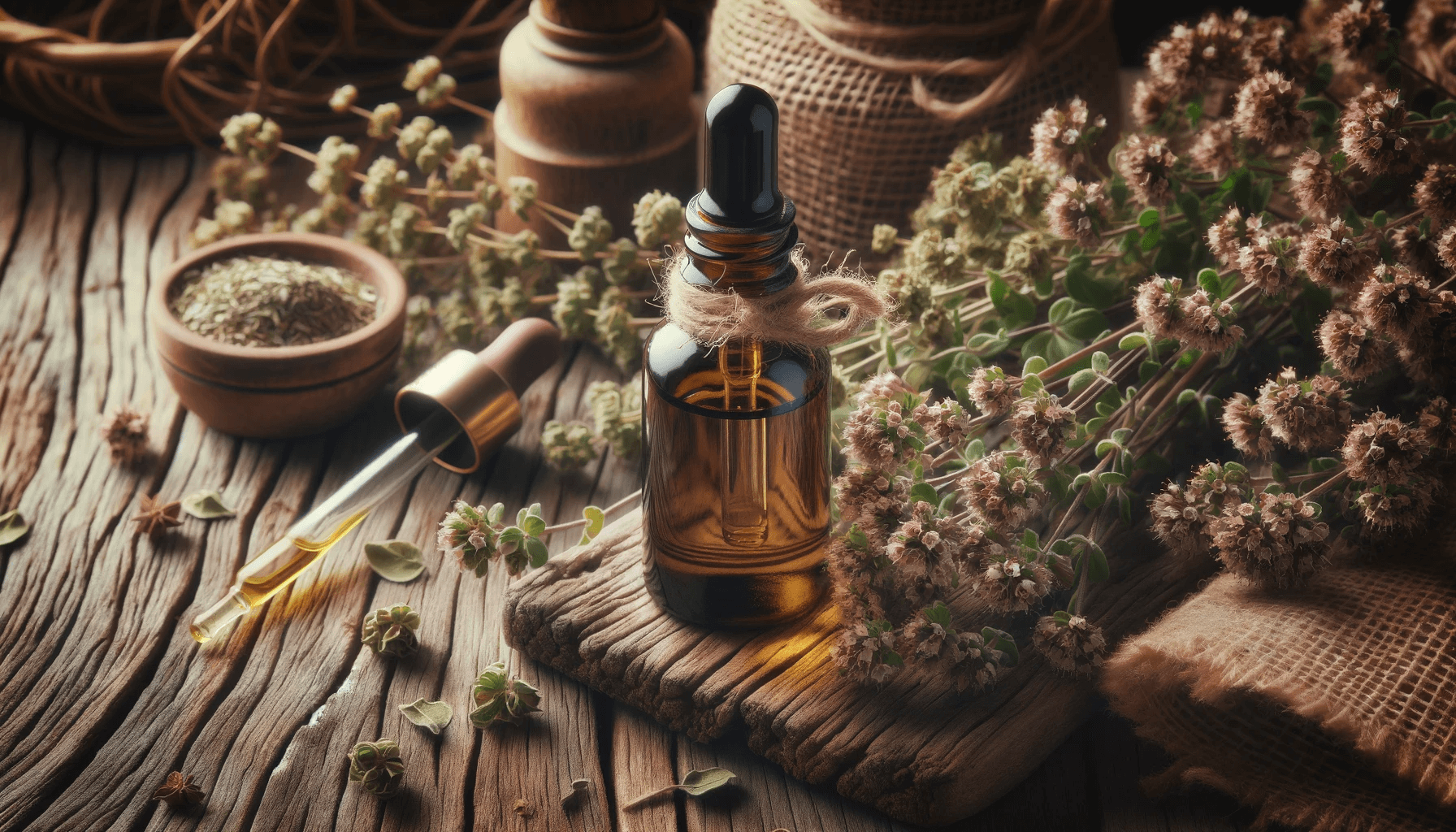 Oregano oil bottle surrounded by dried oregano bunches, invoking a sense of traditional herbal remedies and natural healing.