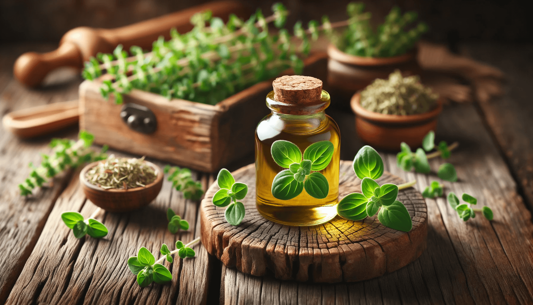 Oregano oil bottle surrounded by fresh oregano leaves and wooden accents, emphasizing natural ingredients and a holistic approach to wellness.