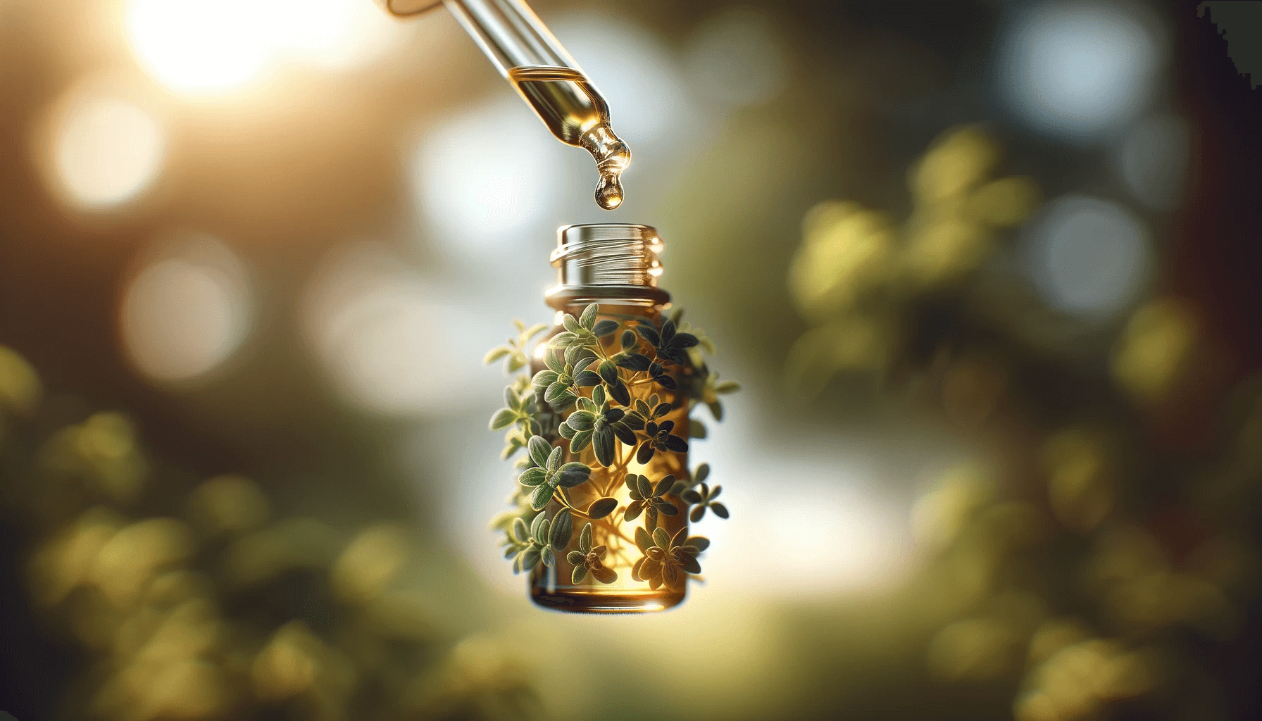 Oregano oil suspended mid-air, ready to be dispensed.