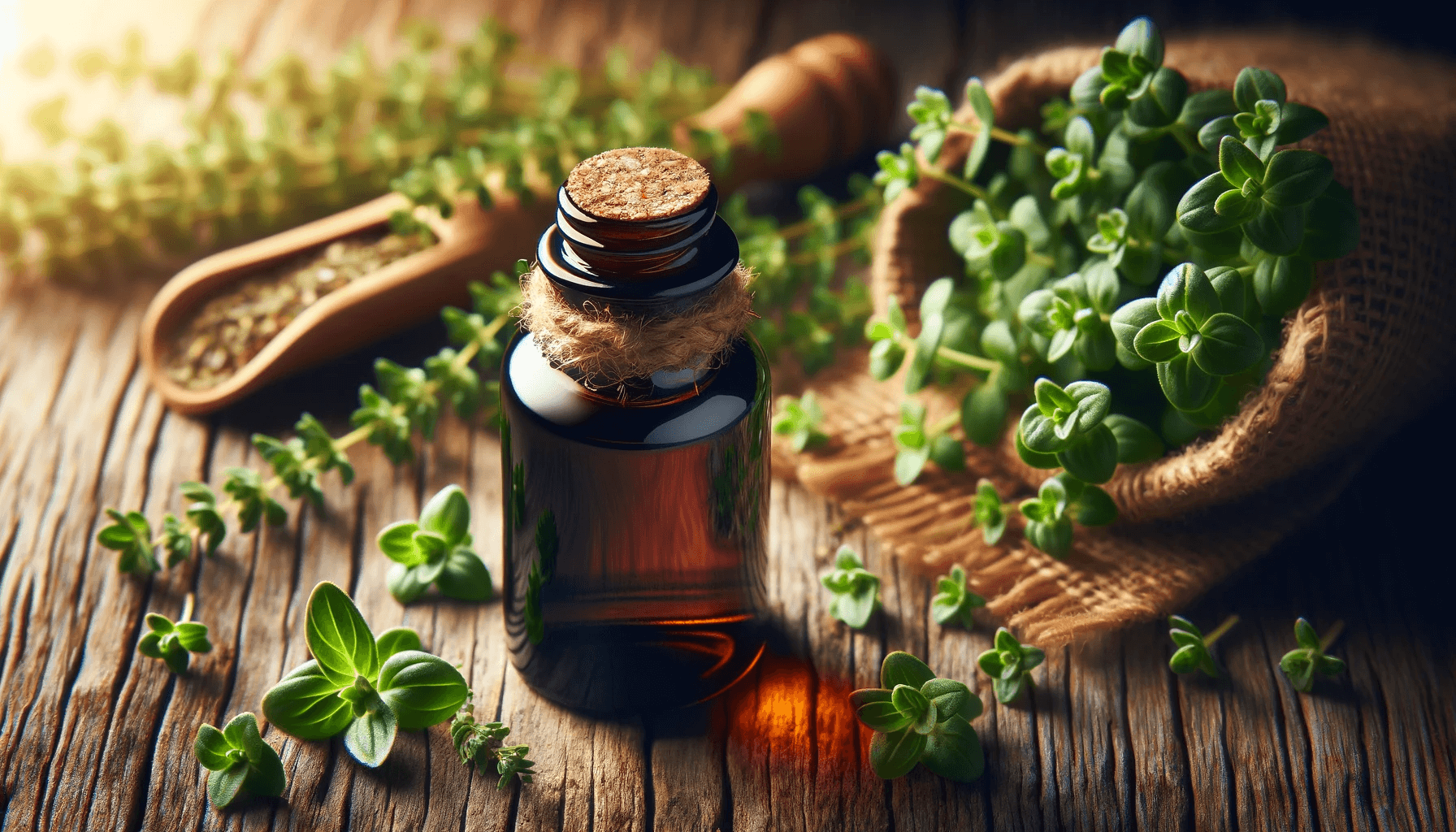 Oregano oil bottle with a focus on the rich herbal essence of the oil, showcasing the natural and aromatic qualities of the product.