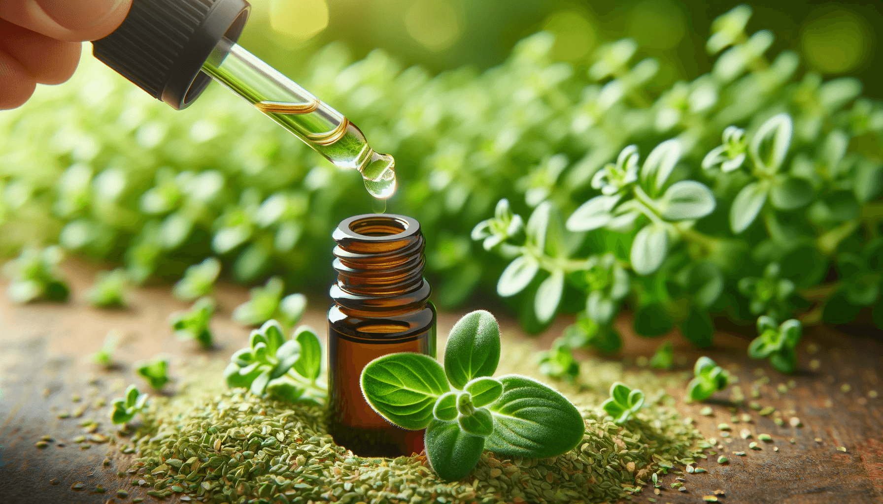 Oregano oil bottle with a vibrant green oregano plant in the background, emphasizing the pure extraction of the oil from the herb.
