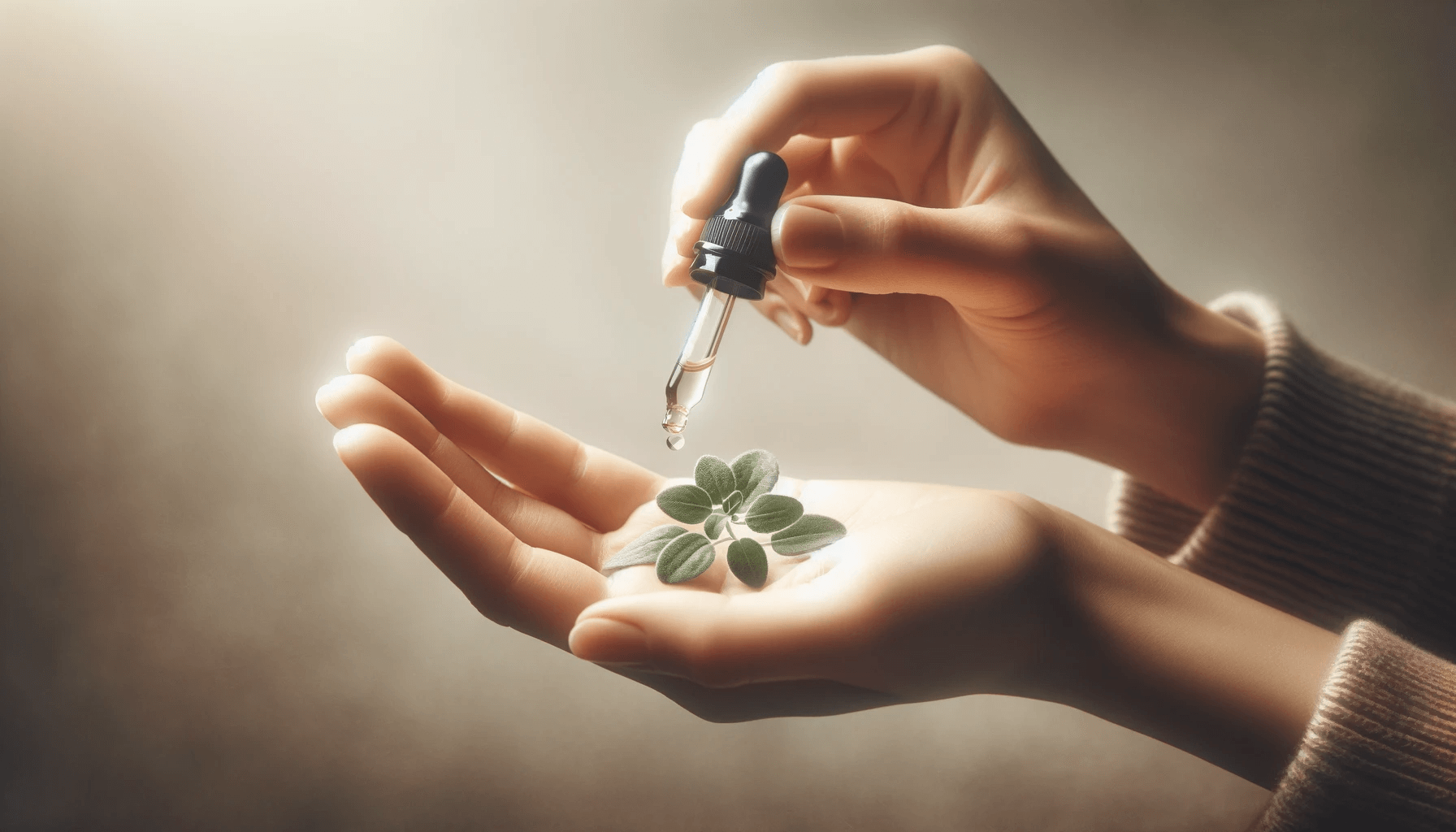 Oregano oil with drops poised to fall, symbolizing personal health empowerment and the potential benefits of the product.