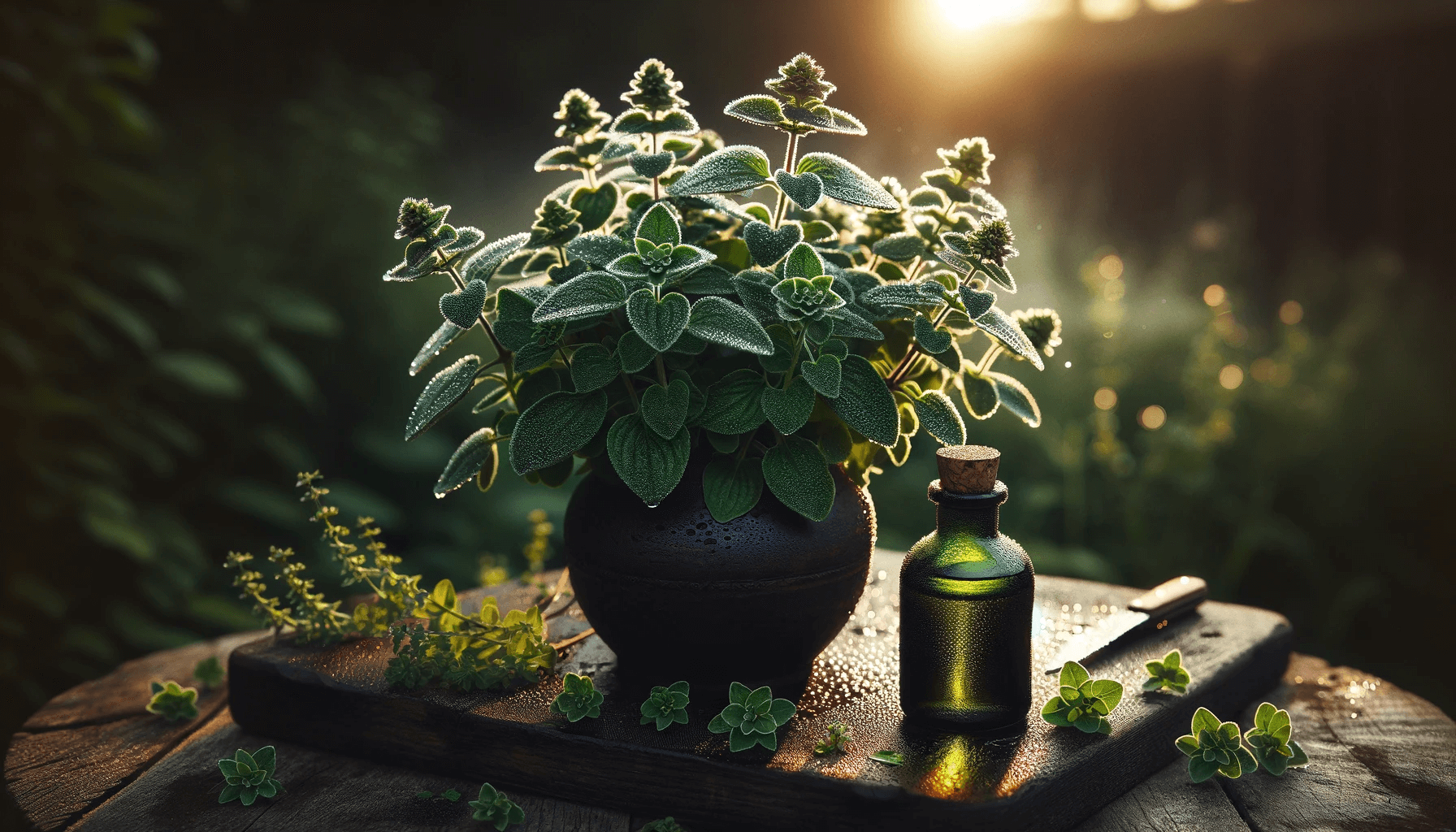 Oregano plant in full bloom, its leaves glistening with morning dew.