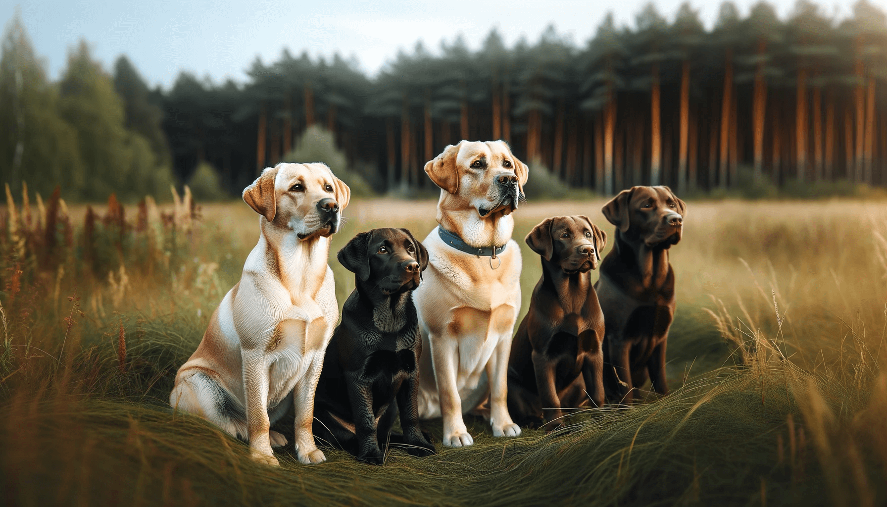 Pack of Labrador Retrievers (Labradorii) of different colors - yellow, black, and chocolate - sitting together in a grassy field.