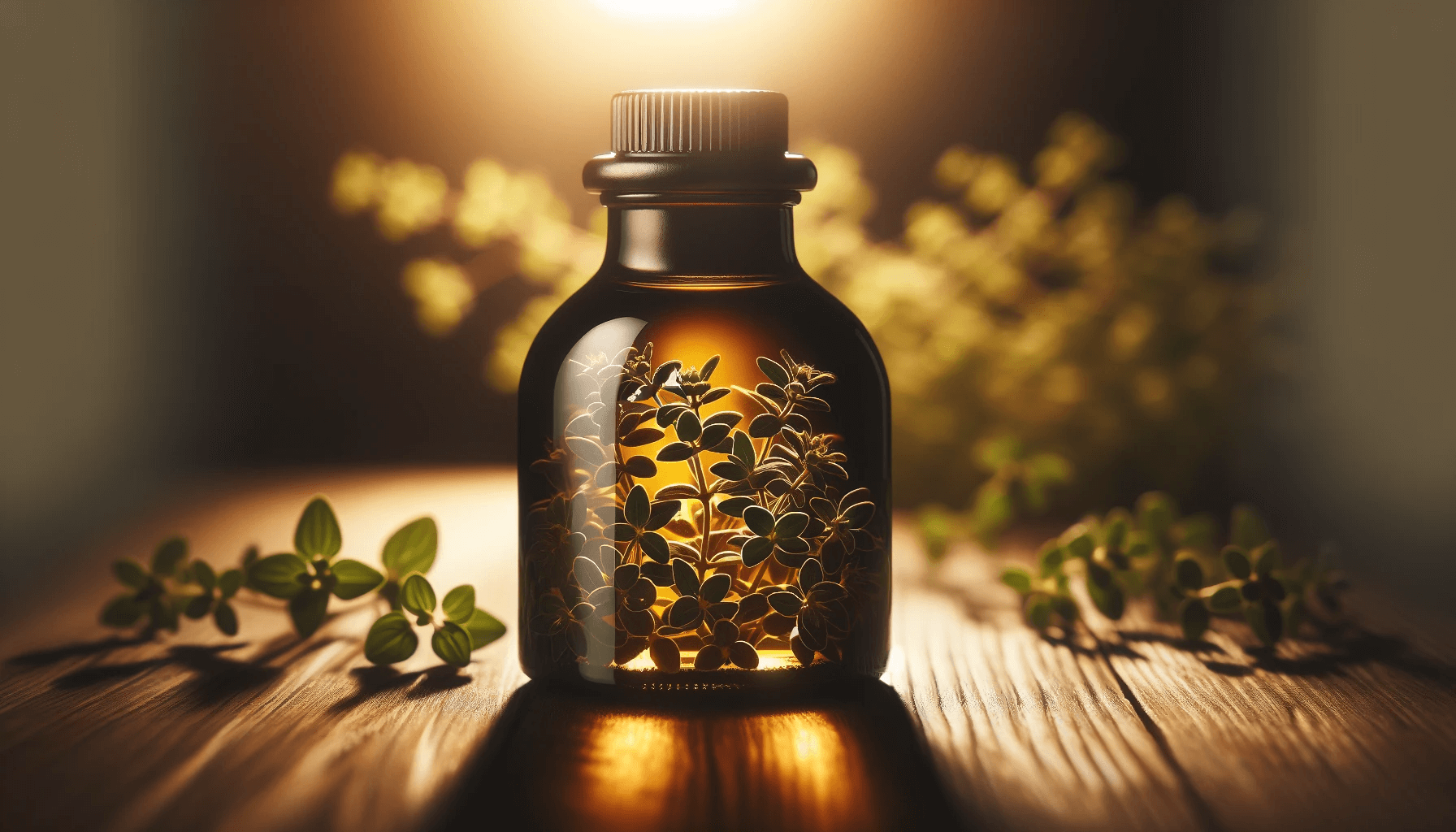 Premium oregano oil glistening in the soft golden light.