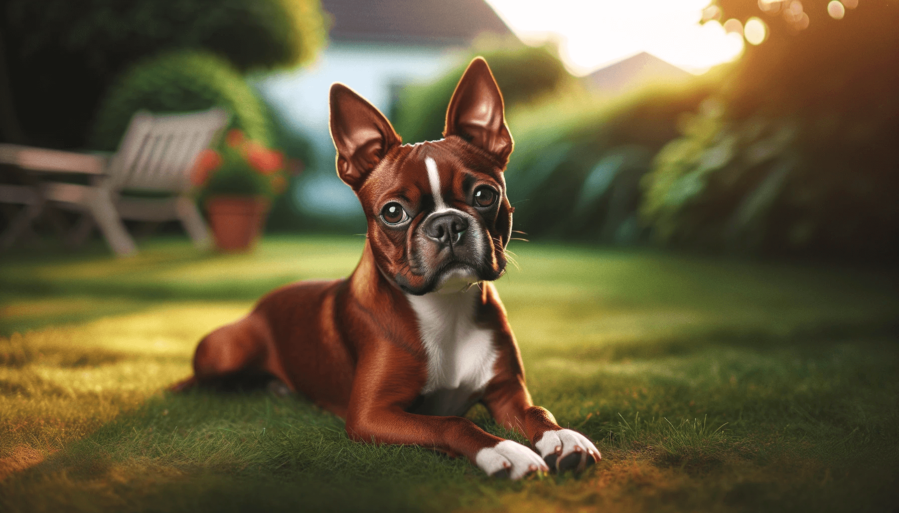 Red Boston Terrier Lying on the Grass in a Relaxed Posture