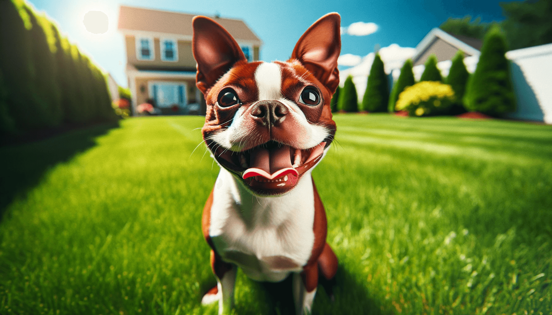 Red Boston Terrier Sitting Upright on a Vibrant Green Lawn