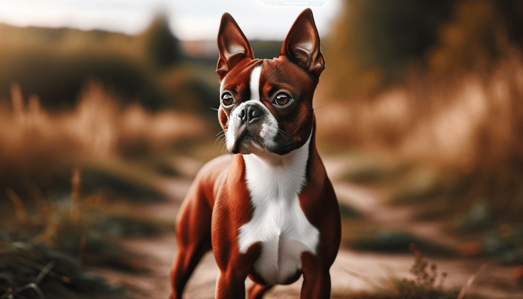 Red Boston Terrier Standing Outdoors