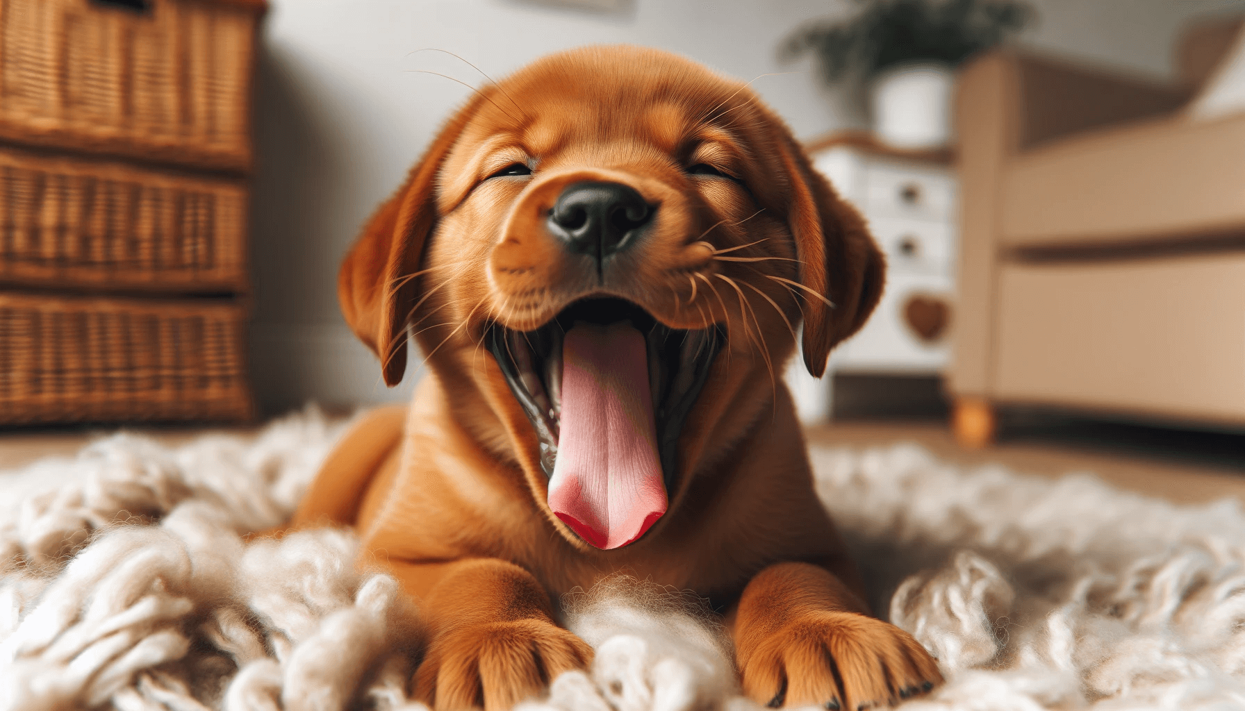 Red Fox Labrador puppy lying on a fluffy white blanket, yawning or laughing with its eyes closed, looking very happy and content in a cozy indoor setting
