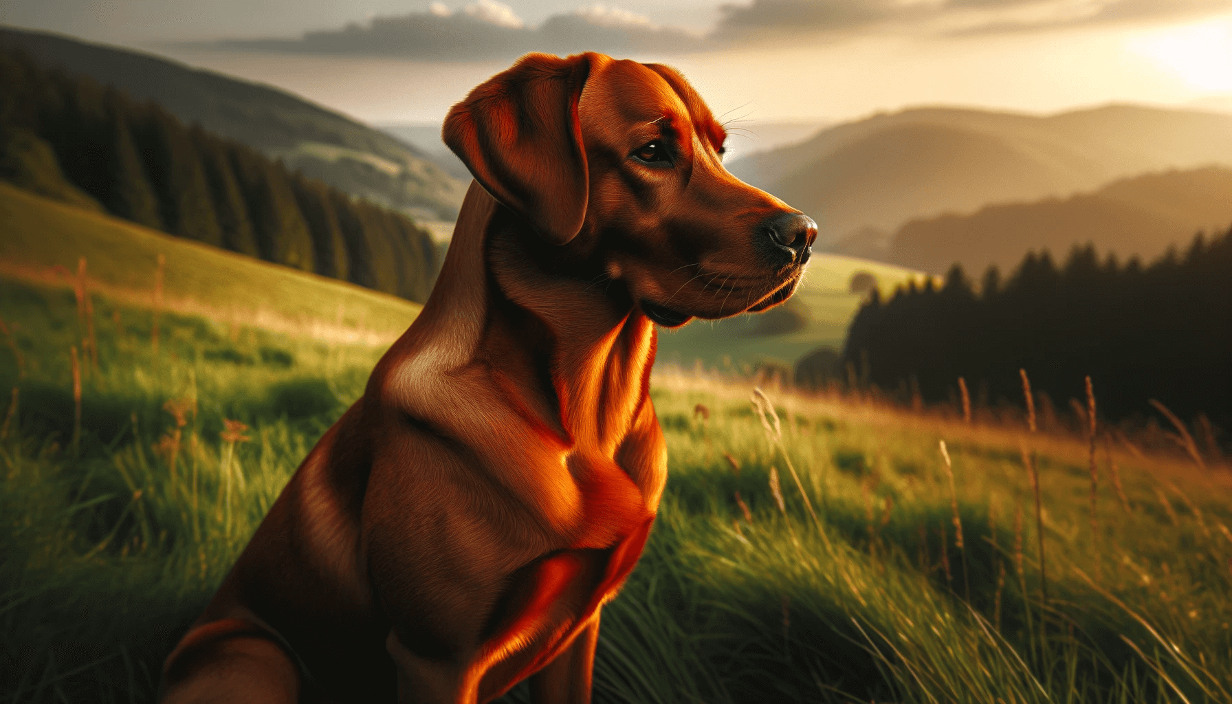 Red Fox Labrador Retriever in a profile view sitting on a lush green meadow