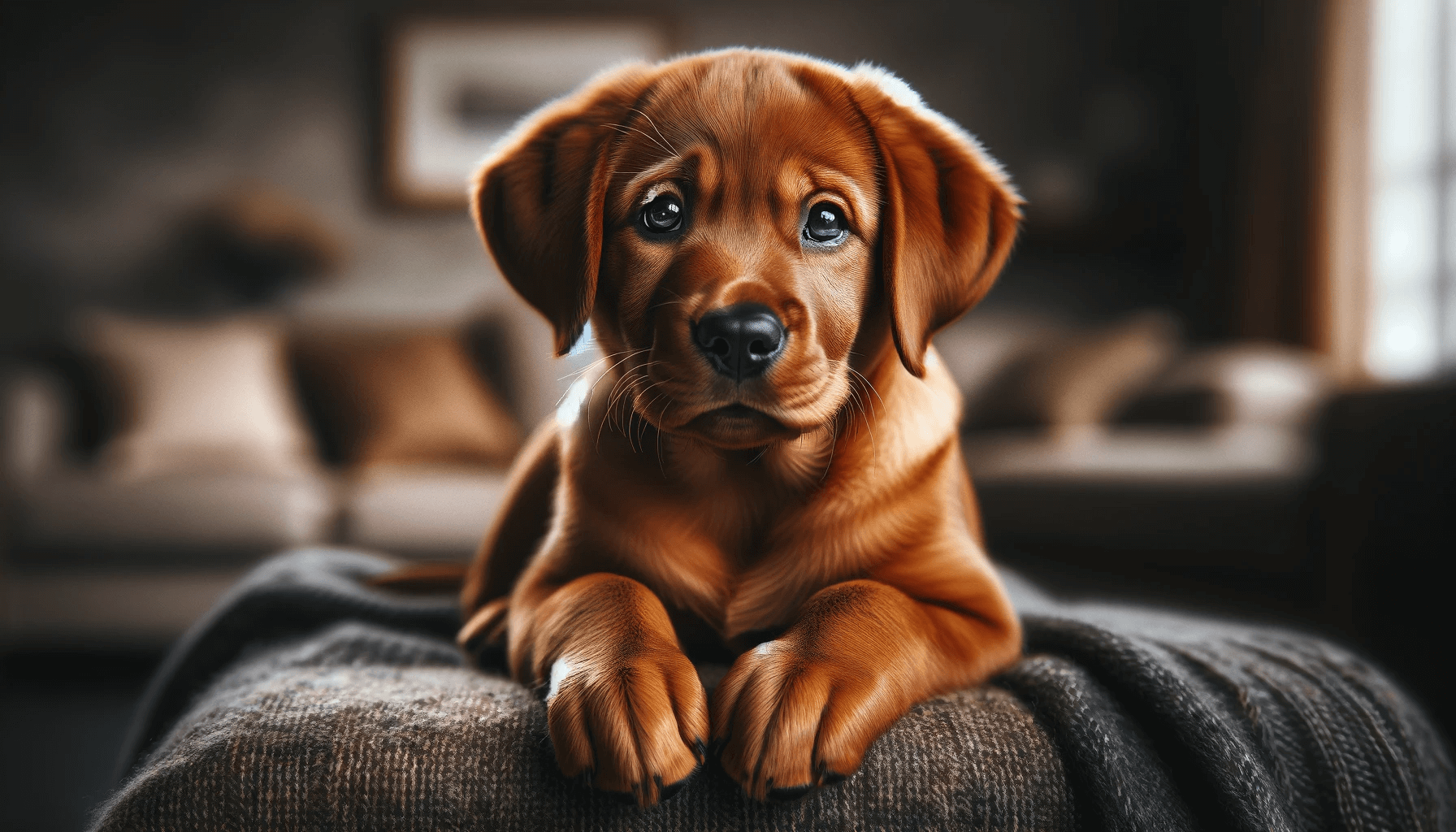 Red Fox Labrador retriever puppy with a glossy coat sitting comfortably on a soft dark-colored blanket