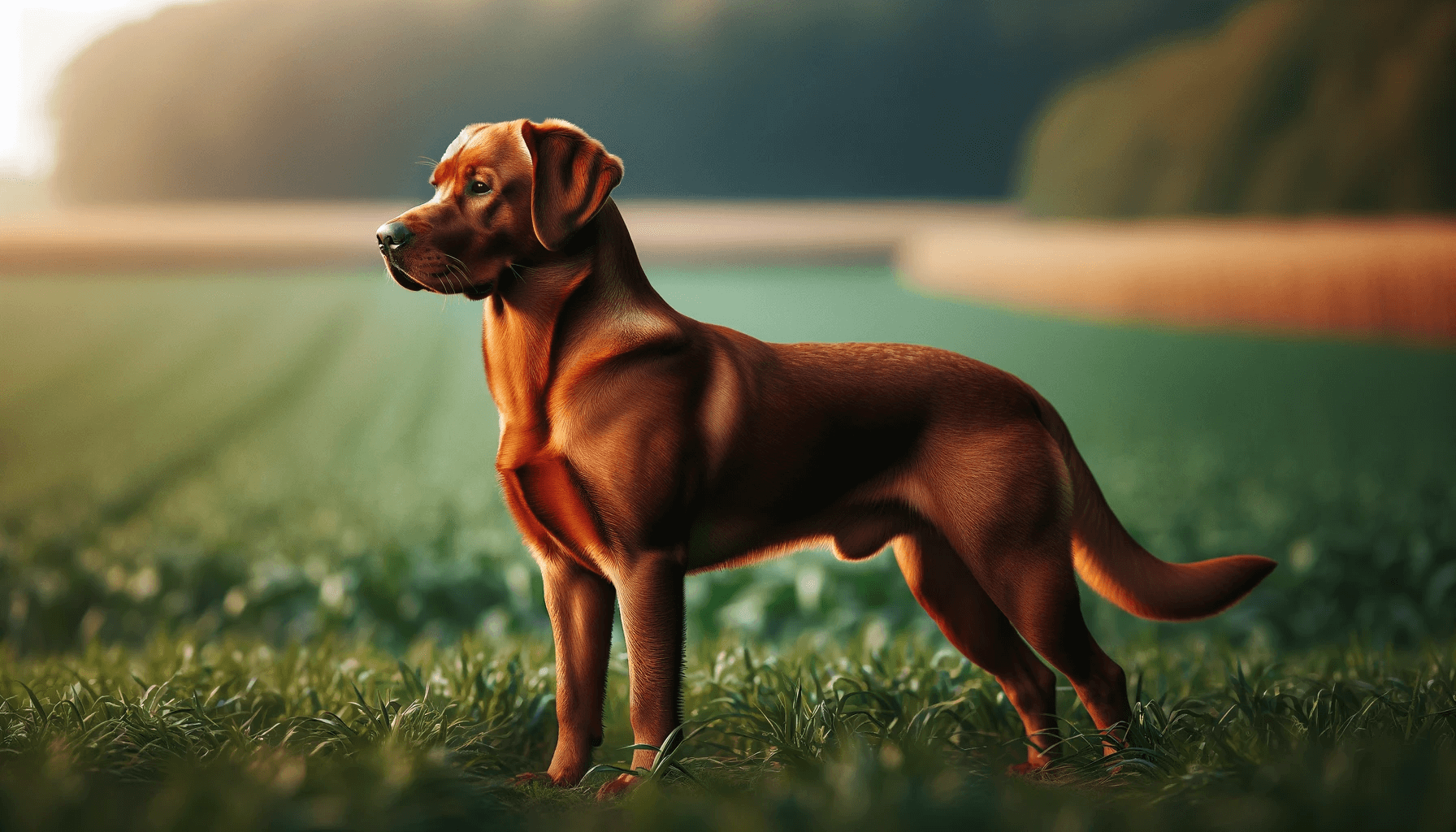 Red Fox Labrador retriever standing in a field with its full body visible in a 16:9 aspect ratio, captured in profile