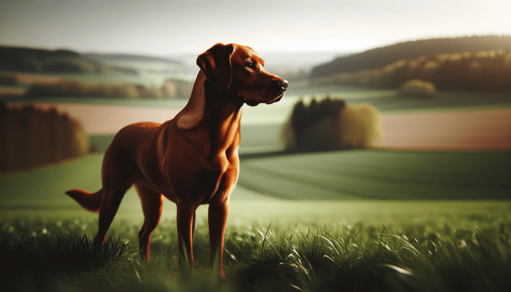 Red Fox Labrador Retriever standing in a field seen from a side profile in a 16:9 aspect ratio
