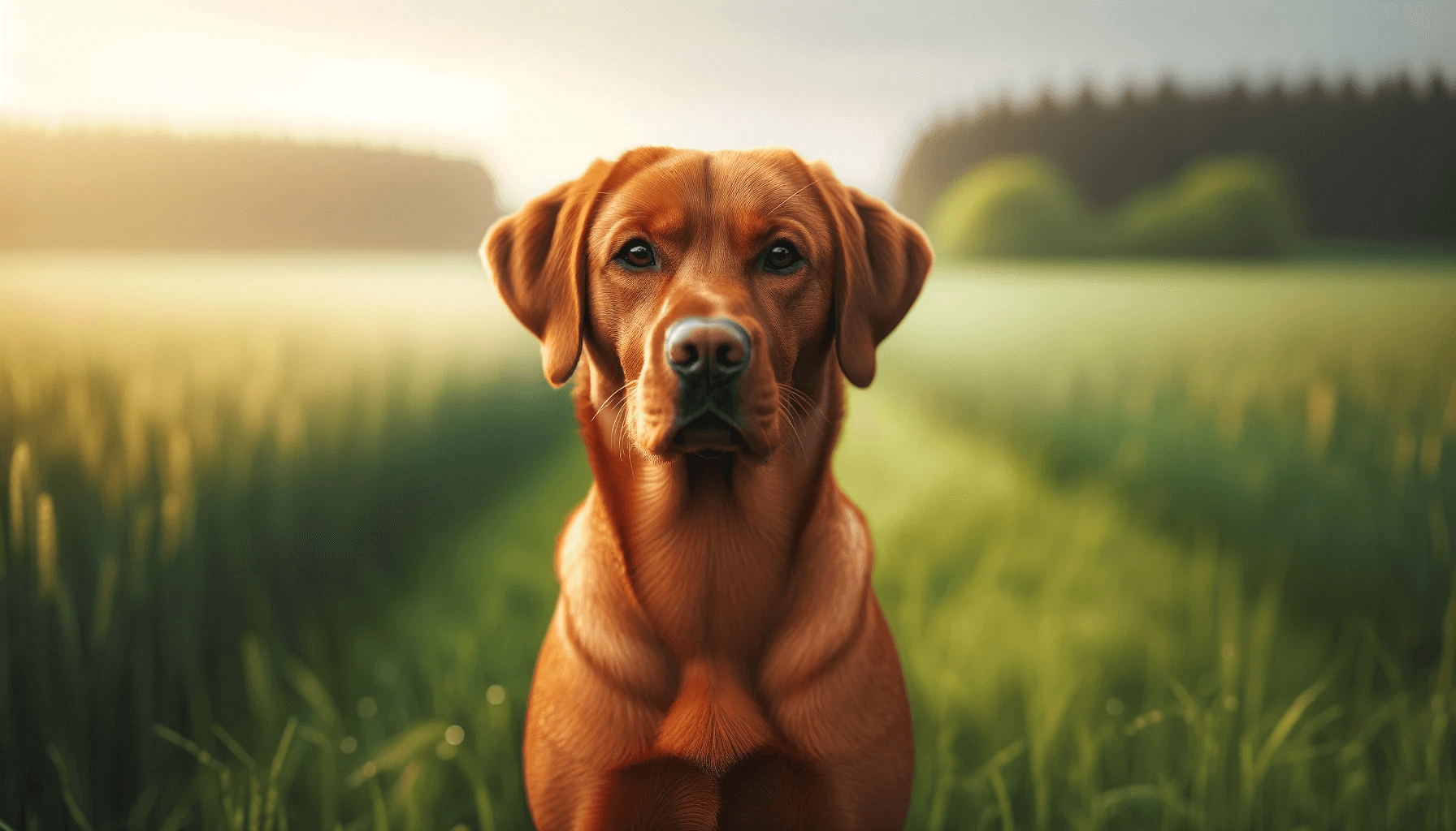 Red Fox Labrador Retriever standing in a green field viewed from the front at a low angle
