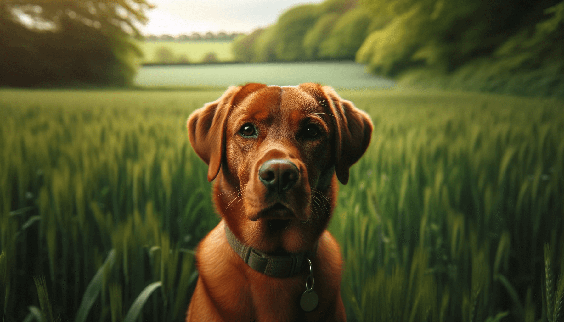 A Red Fox Labrador Retriever standing in a lush green field. The dog has a glossy reddish-brown coat with intelligent expressive eyes.