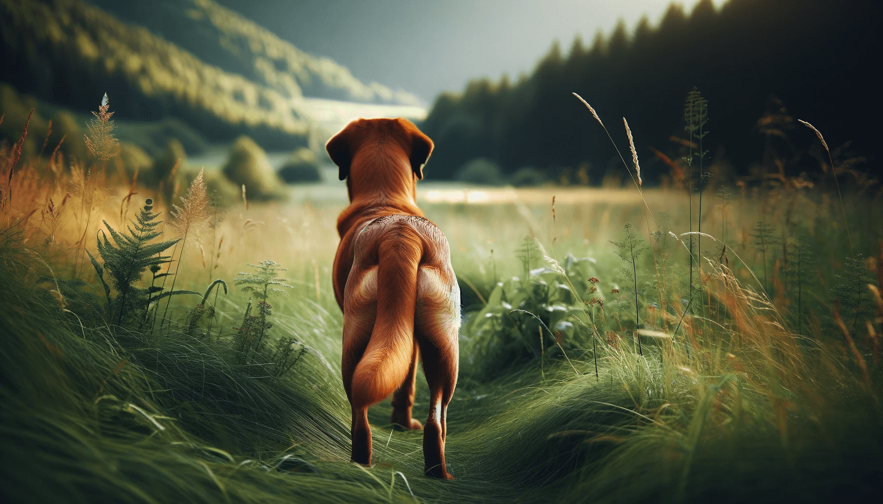 Red Fox Labrador Retriever standing in a lush meadow viewed from behind