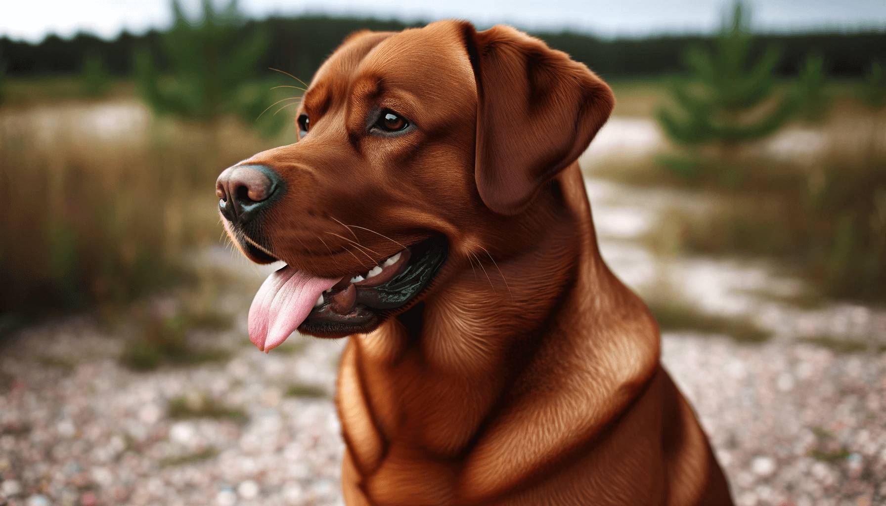 Red Fox Labrador sitting outdoors captured from the side angle showing the profile of the dog with a shiny reddish-brown coat