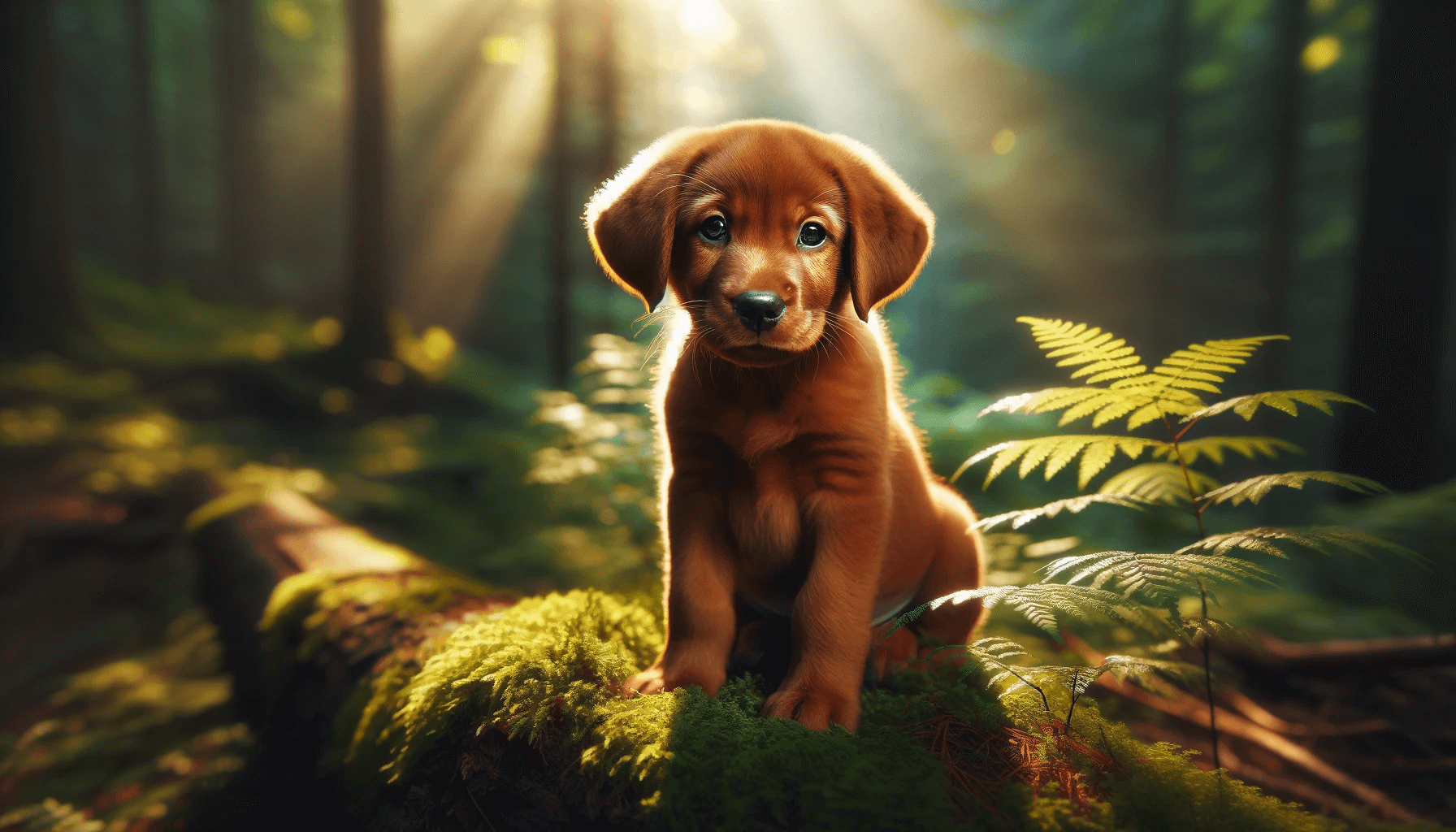 A Red Fox Labrador puppy with a glossy coat and expressive eyes sitting on a mossy rock in a sun-dappled forest. The scene is tranquil with soft beams of sunlight.