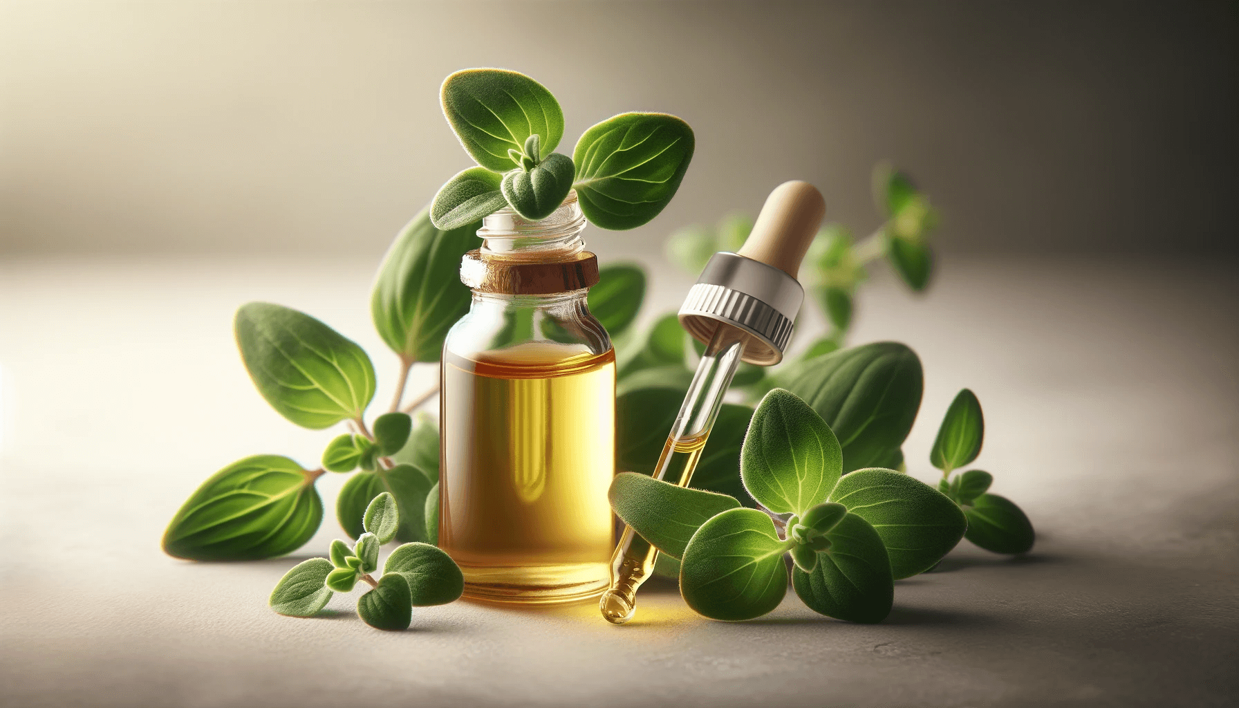 Small bottle of oregano oil with a dropper surrounded by fresh oregano leaves. The bottle is clear, allowing the golden hue of the oil to show.