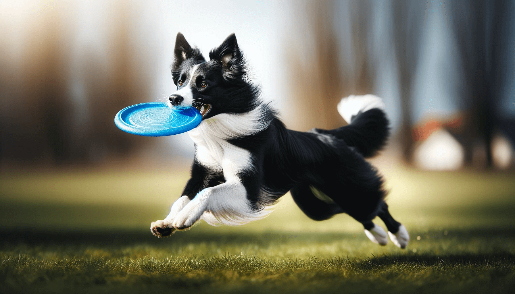 Smooth Coat Border Collie running energetically through a grassy field with a blue frisbee in its mouth, showcasing the breed.