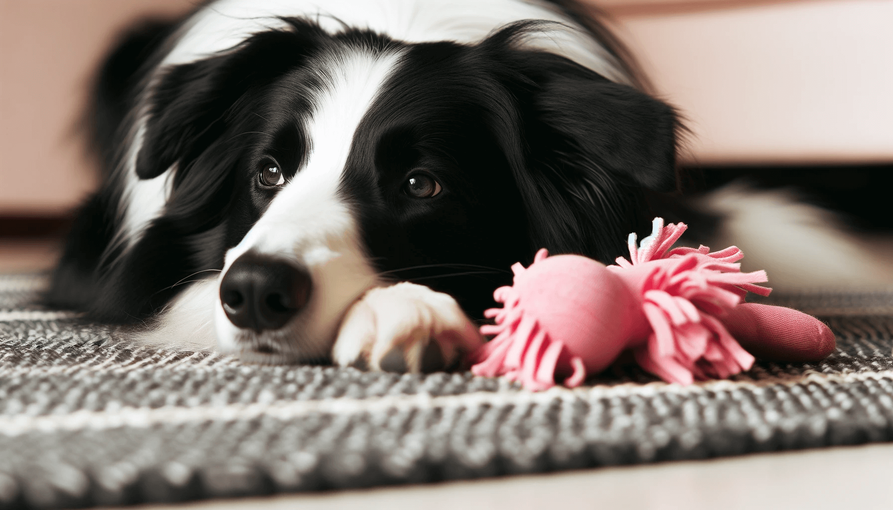Smooth Coat Border Collie lying down with its head resting on a pink cloth toy, highlighting the breed's gentle and affectionate nature.