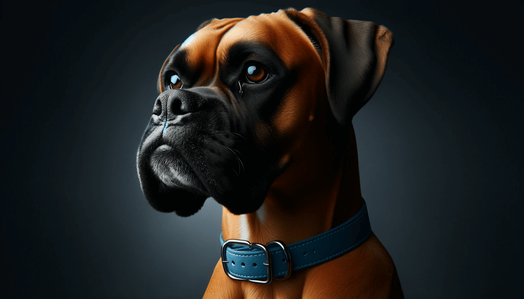 Majestic tan Boxador (Boxer Lab Mix) with a focused gaze, wearing a blue collar, displaying a strong and noble profile.