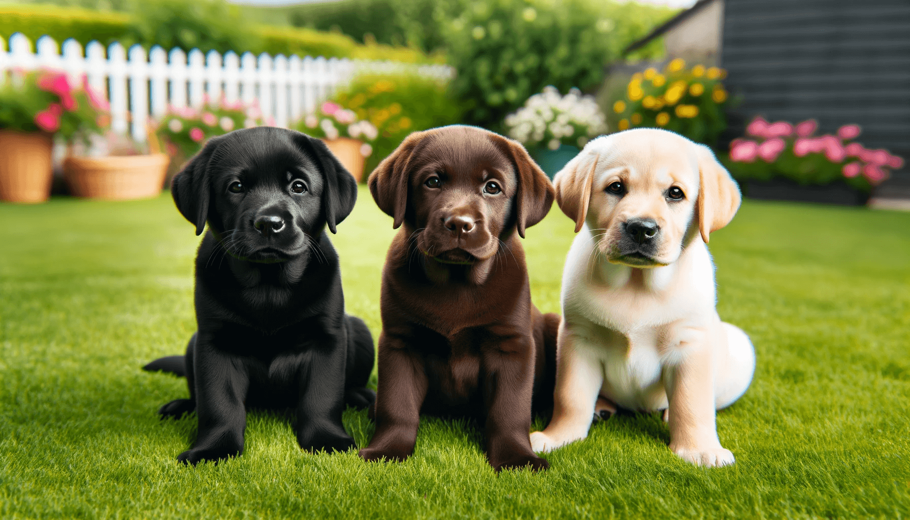 Three Labrador Retriever (Labradorii) puppies, one black, one chocolate, and one yellow, sitting together on a lush green lawn.