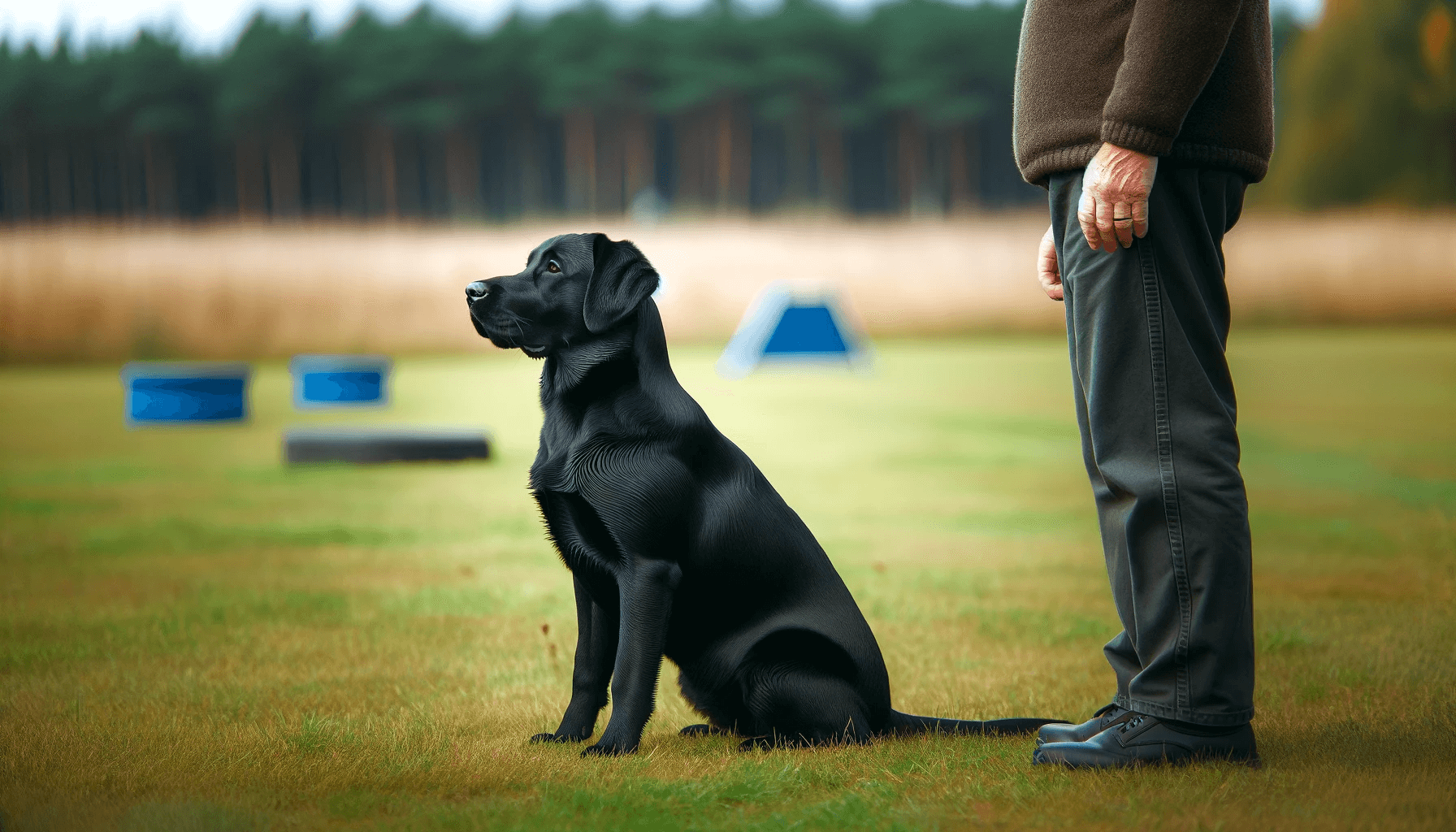 Well-behaved black Labrador Retriever (Labradorii) sitting obediently during an engaging training session. The image shows the Labrador sitting attentively in a training environment.