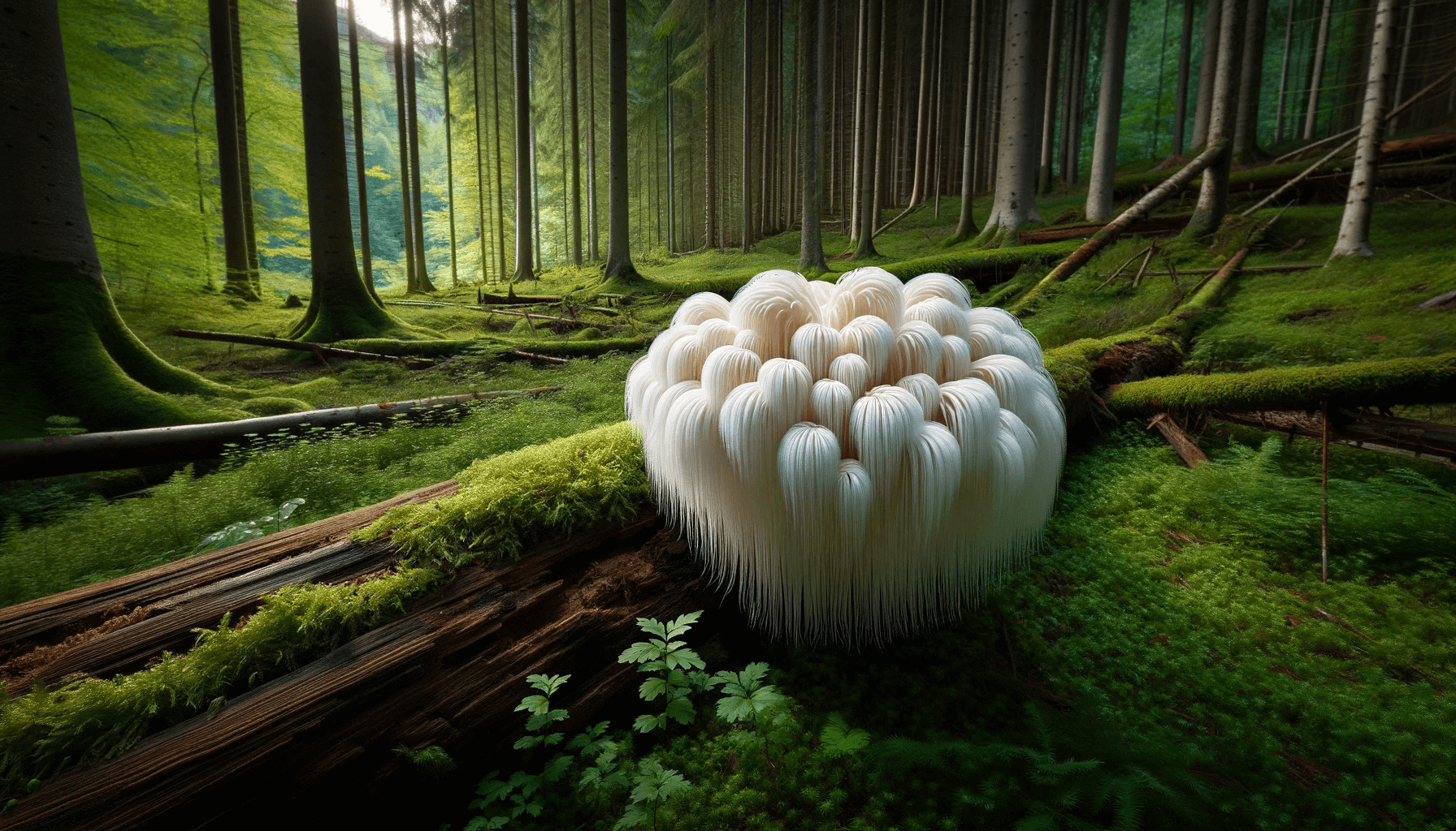 White Lion's Mane mushroom grows on the side of a decaying log. The lush green forest surrounds it, with the mushroom's unique texture and color standing out.
