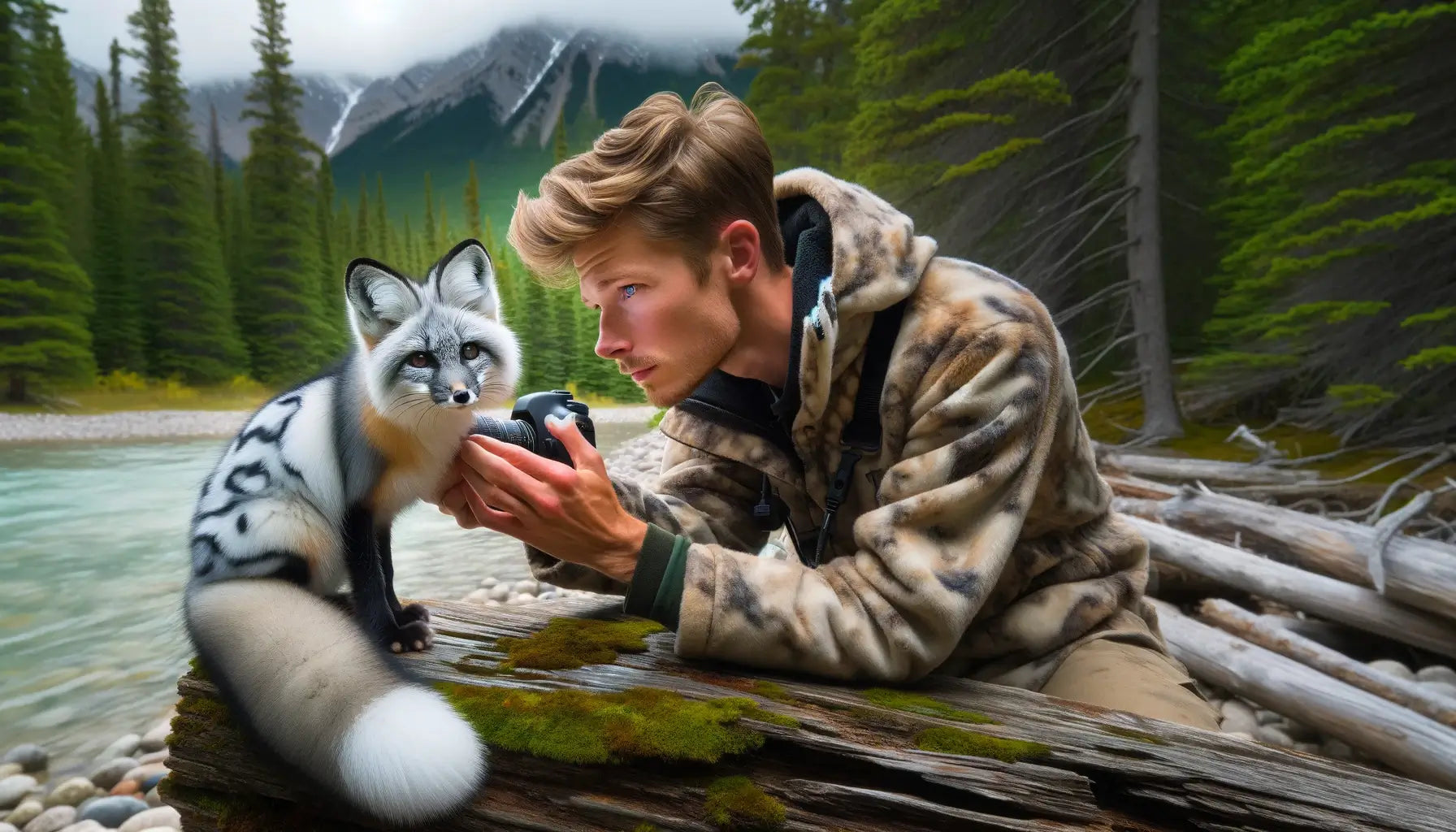 A wildlife specialist conducting a health assessment of a Canadian marble fox in a conservation area.