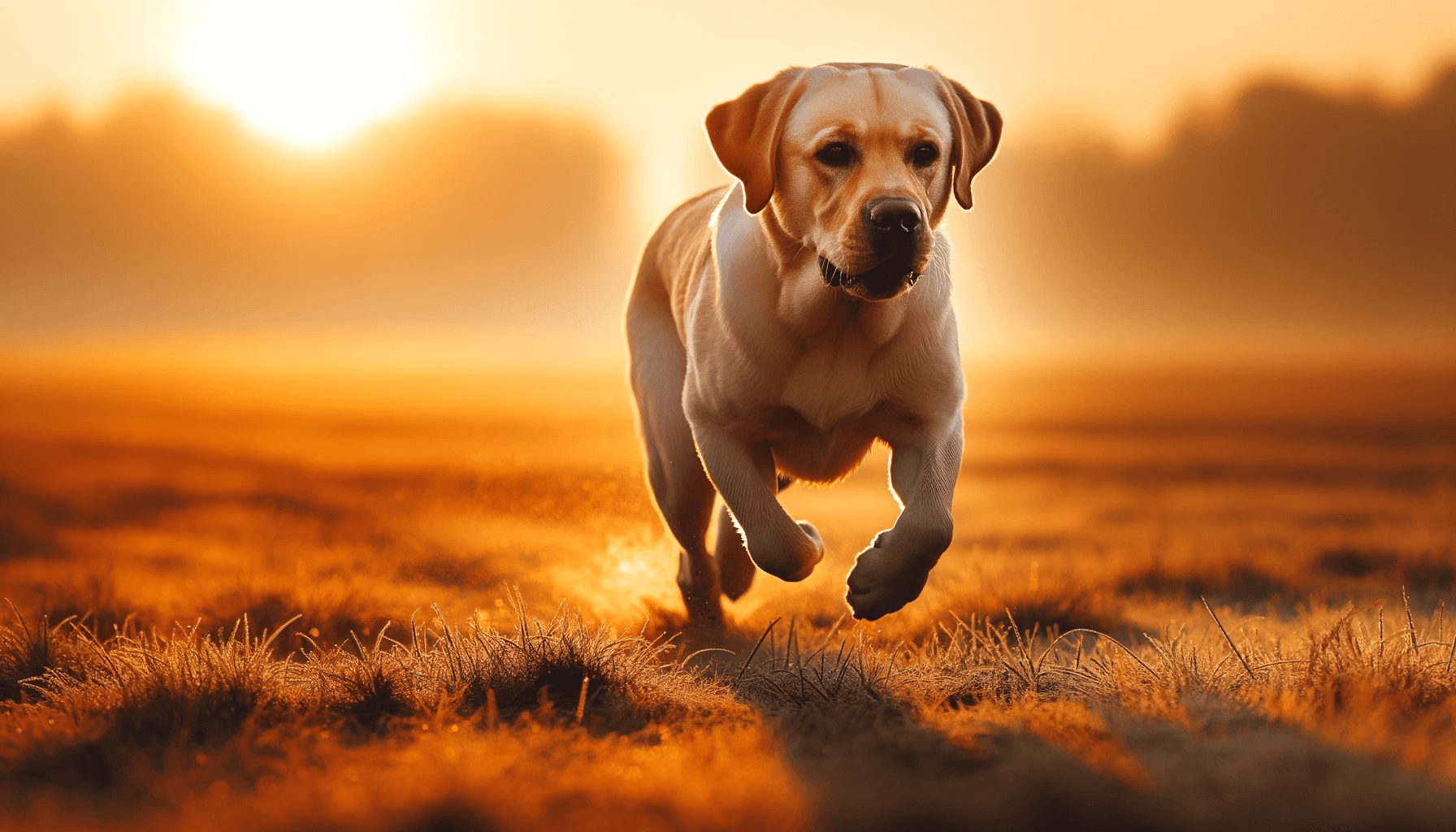 Yellow Labrador Retriever (Labradorii) sprinting across a field in the early morning with the sun rising in the background, creating a golden glow.