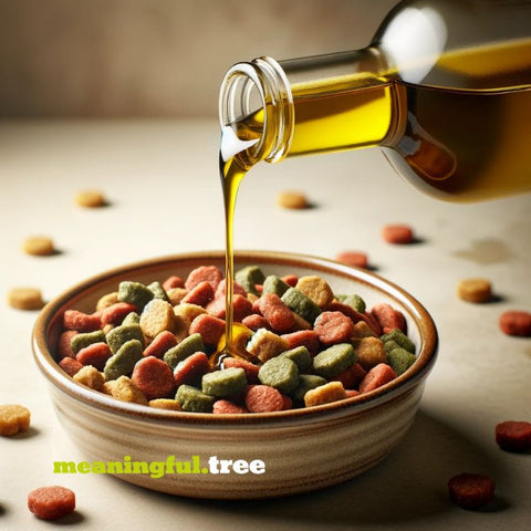 Olive oil being poured on dog food