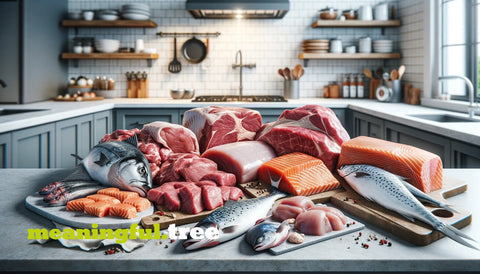 Raw fish and meats on a kitchen counter